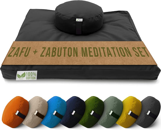 Bean Products Meditation Cushion Mat Set - Zafu Floor Pillow Organic Buckwheat Pillow + Cotton Filled Zabuton Prayer Pad - Meditation Pillow Yoga Knee Pad - Made in USA - 14" Round or 18" Oval