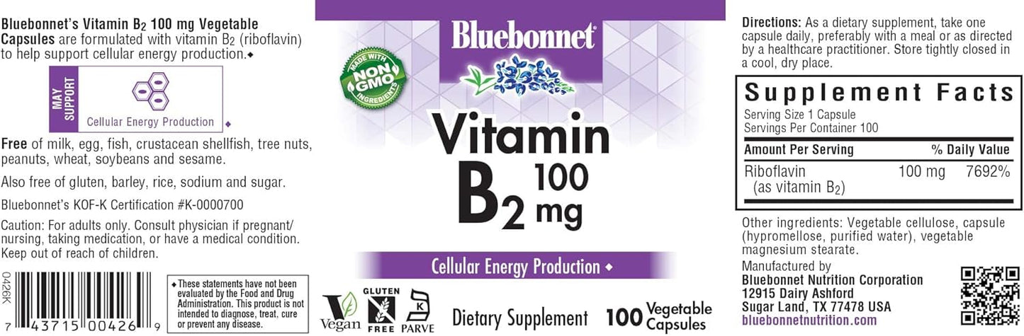 Bluebonnet Nutrition Vitamin B2 100 mg, For Cardiovascular and Nervous System Health, Soy-Free, Gluten-Free, Kosher Certified, Dairy-Free, Vegan, Non-GMO, 100 Vegetable Capsules, 100 Servings