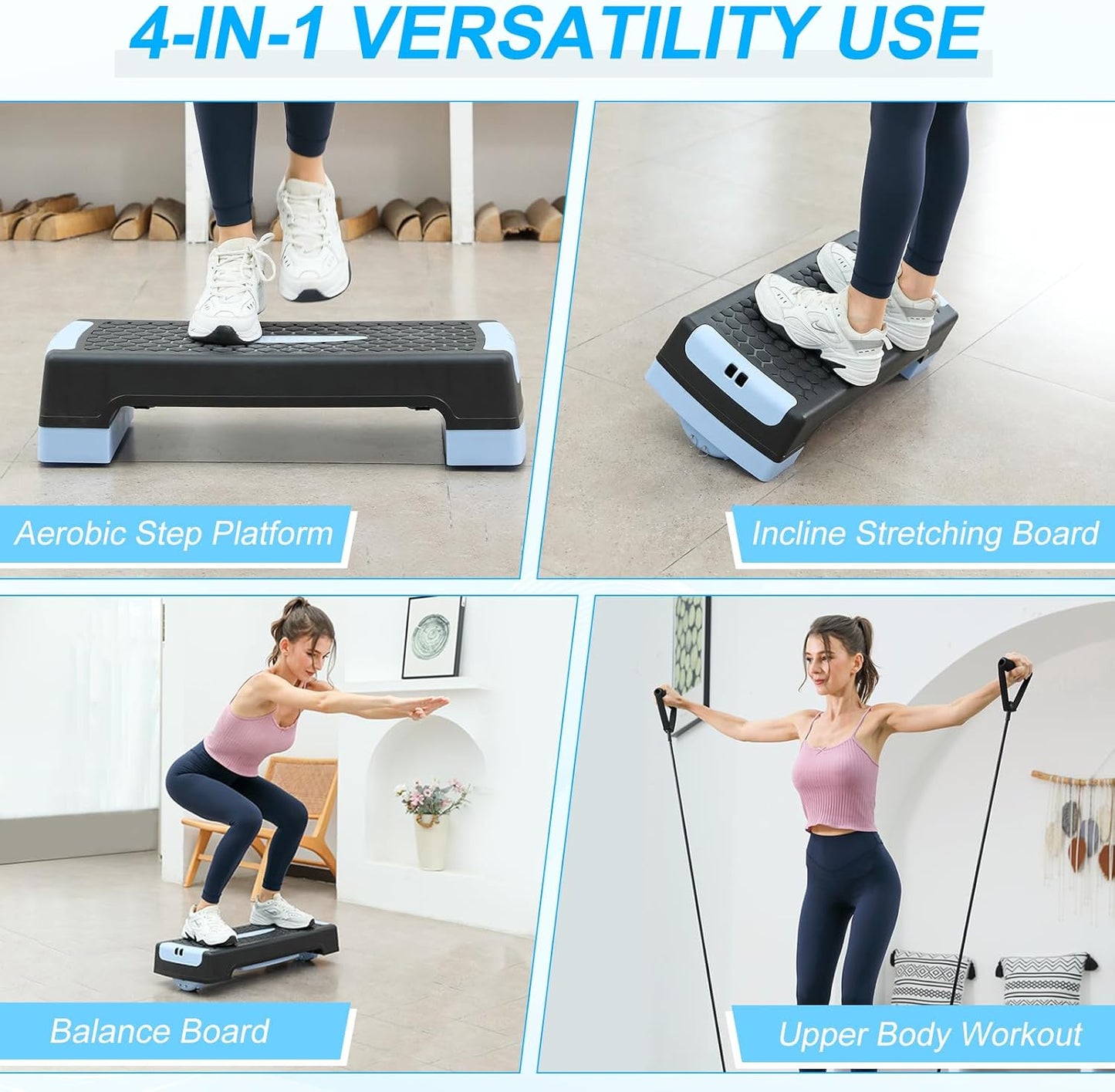 4-in-1 Adjustable Aerobic Step Platform (4"/6") - Workout Stepper with Resistance Bands, Non-Slip Balance Board - Home Gym Equipment for Step Training, Cardio, Pilates & Physical Therapy
