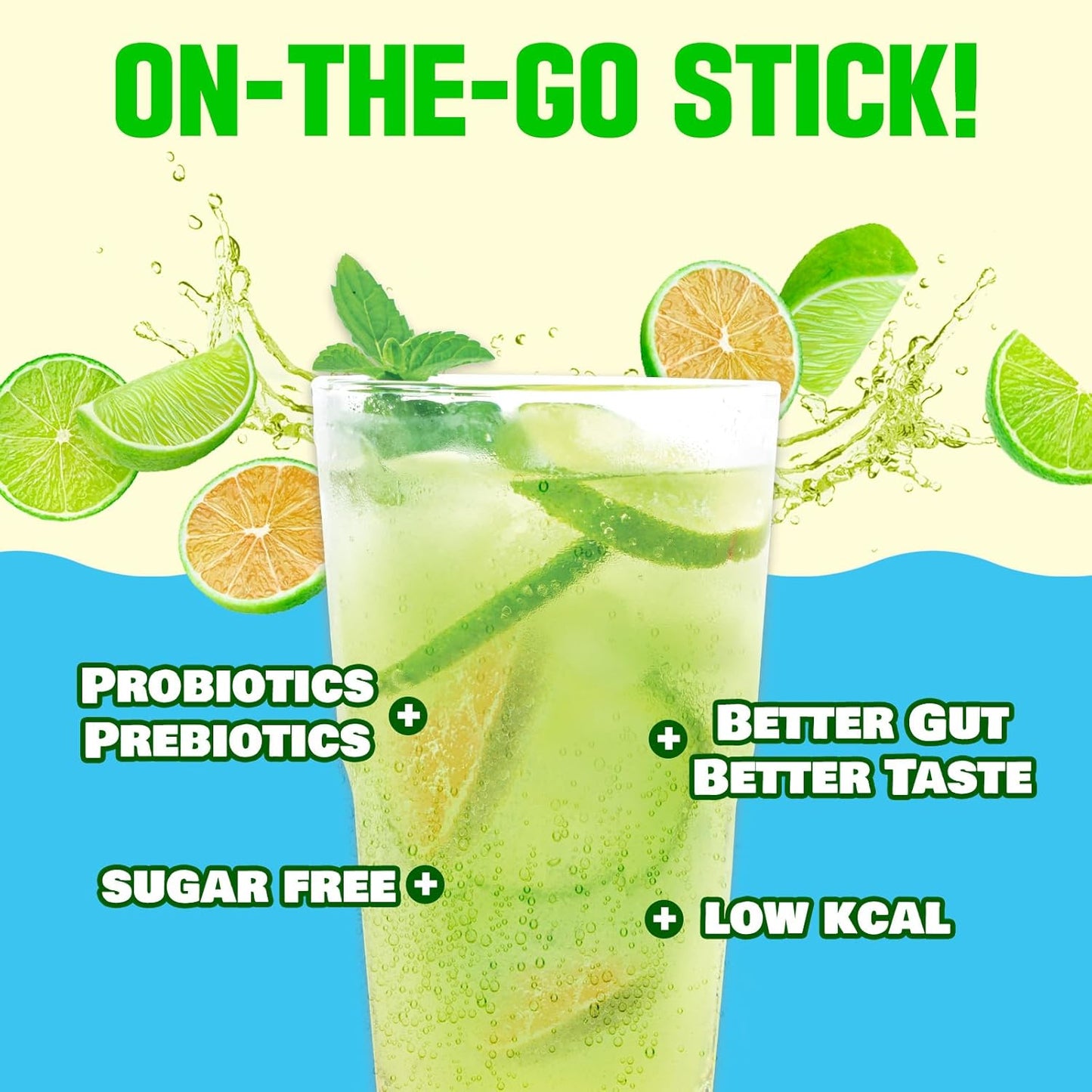 TEAZEN Green Mandarin Lime Kombucha Tea, Hydration Drink Mix, Sugar Free, Live Probiotics & Prebiotics, 10 Sticks, 1.76oz