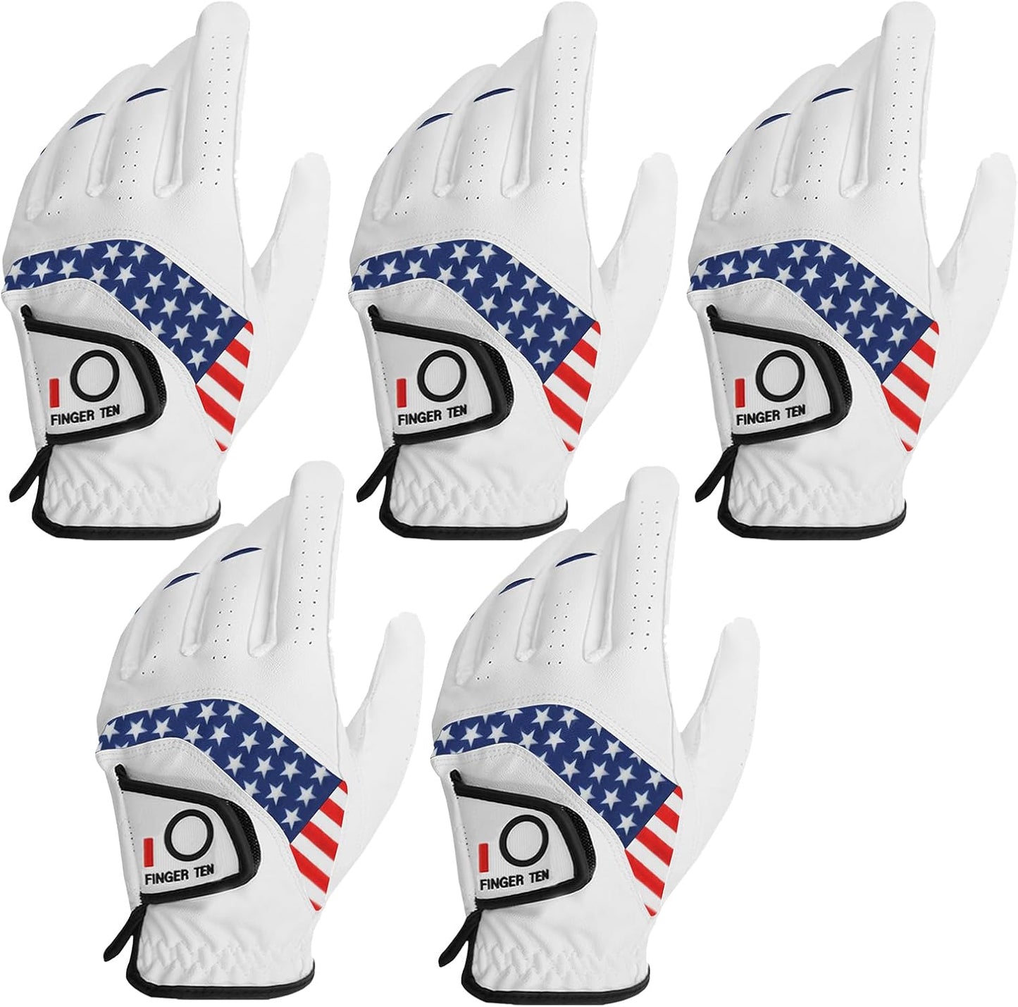 FINGER TEN Golf Gloves Men Left Hand Right Leather Value 5 Pack, Mens Golf Glove for Right Left Handed Golfer All Weather Grip Small Medium ML Large XL XXL 3XL