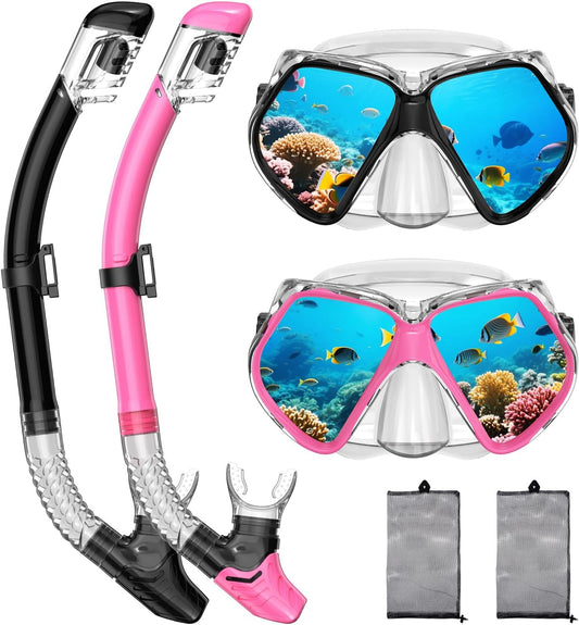 2 Pack Snorkeling Gear for Adults, Dry Snorkel, Mask Set Adult, Diving Scuba Mask, Scuba Gear, Swimming Goggles with Nose Cover, Swim Freediving Tempered Glass Panoramic View Travel Packages