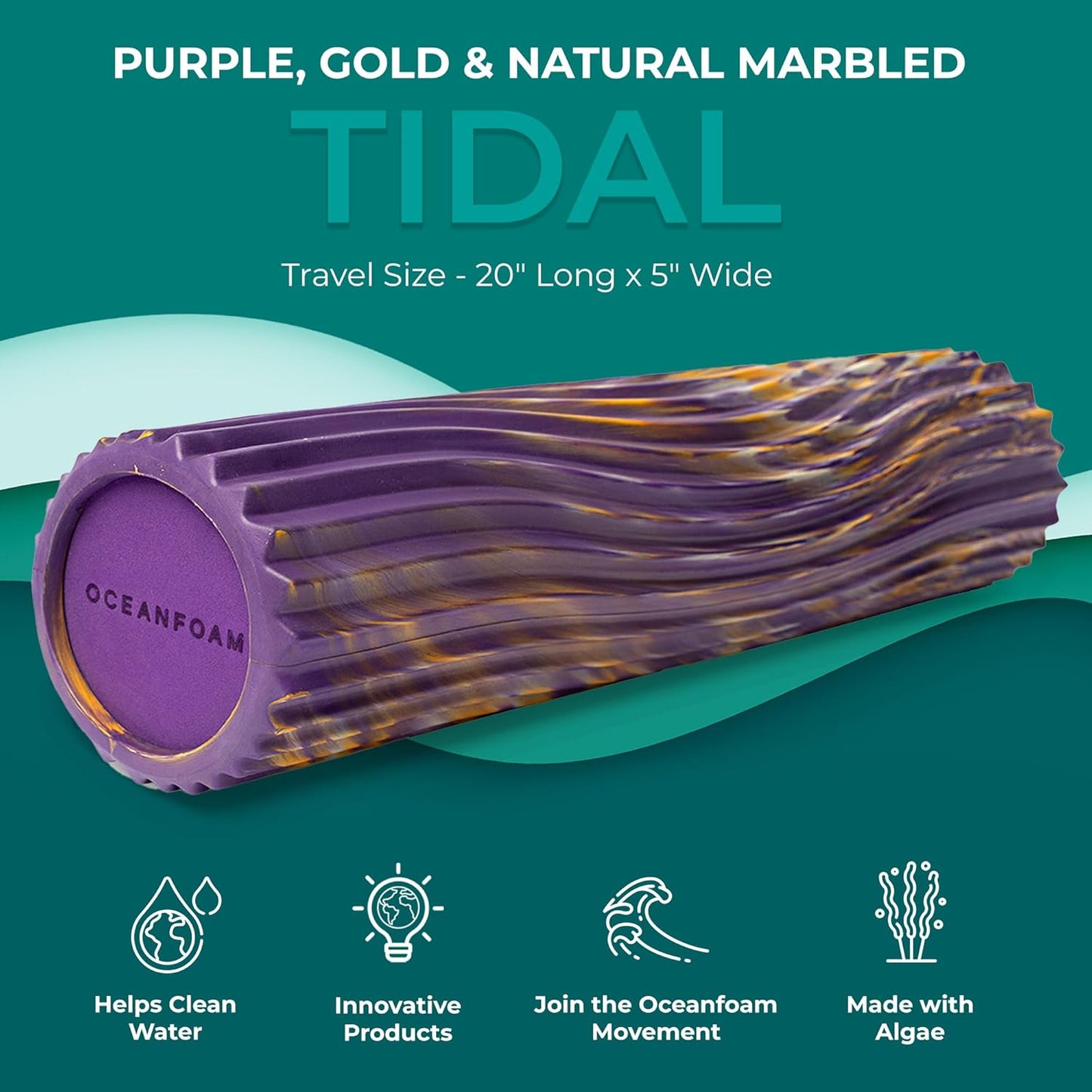 Oceanfoam Tidal Roller - Purple, Gold & Natural Marbled - Muscle Massage Foam Roller for Back Pain & Stretching - Firm & Ergonomic Wide Wave Textured - Yoga, Athletics, Wellness - Full Size, 20" x 5"