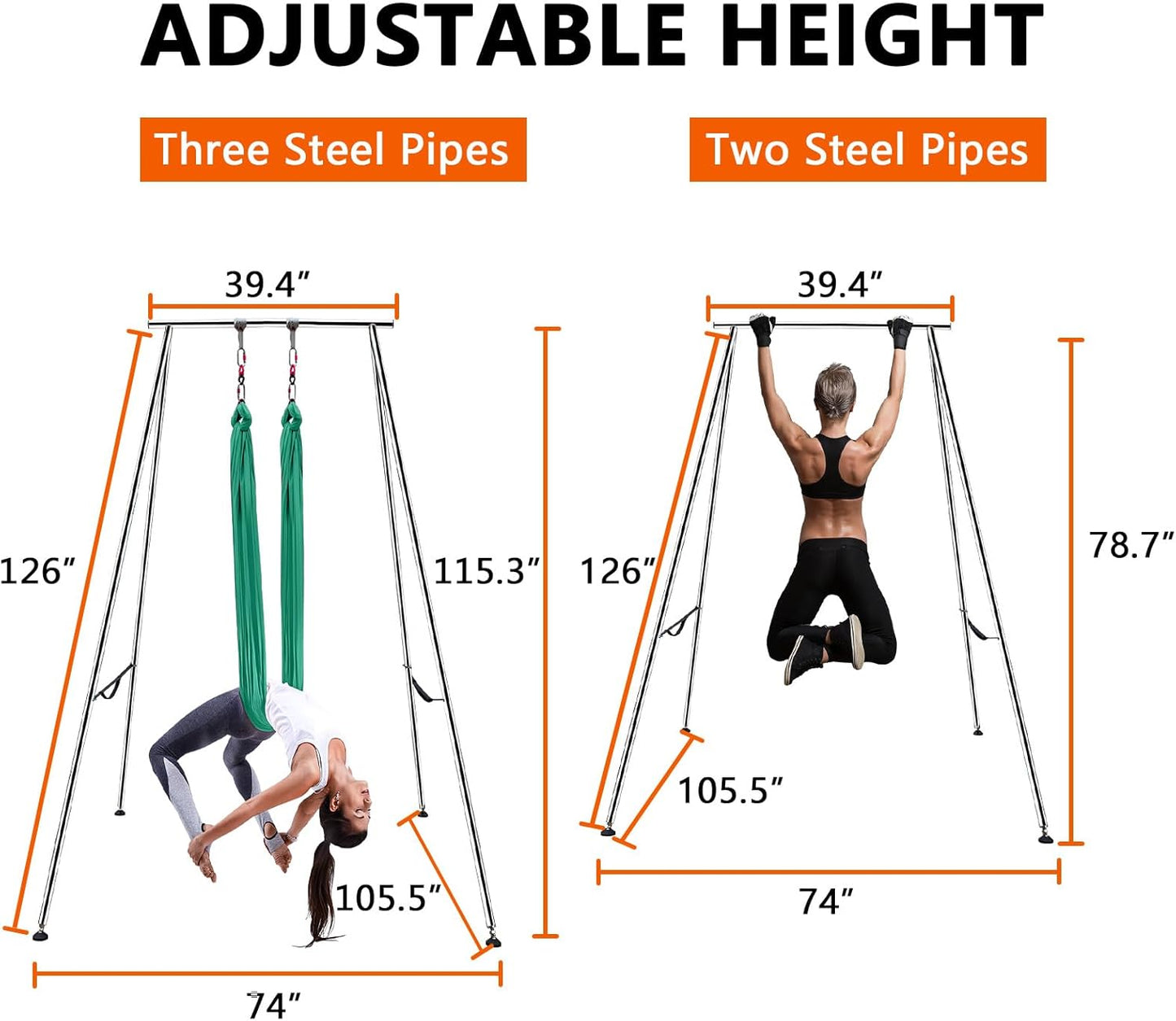 TECSPEC 9.6 FT/115.3 Inch Adjustable Height Aerial Yoga Frame & Hammock, Professional Swing Stand with 18 FT/33FT Aerial Silk, 550lbs Max Capacity
