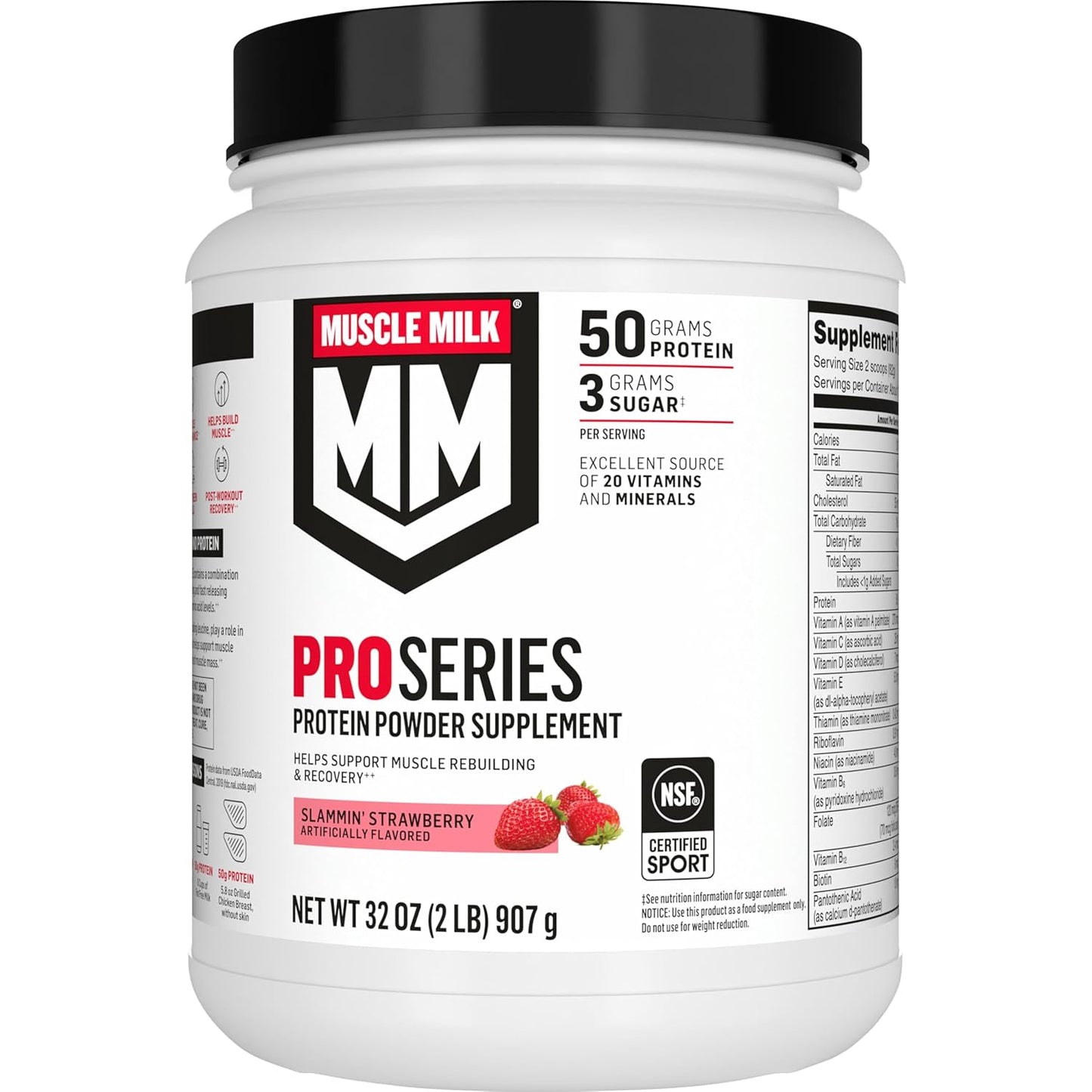 Muscle Milk Pro Series Protein Powder Supplement, Slammin' Strawberry, 2 Pound, 11 Servings, 50g Protein, 3g Sugar, 20 Vitamins & Minerals, NSF Certified for Sport, Packaging May Vary