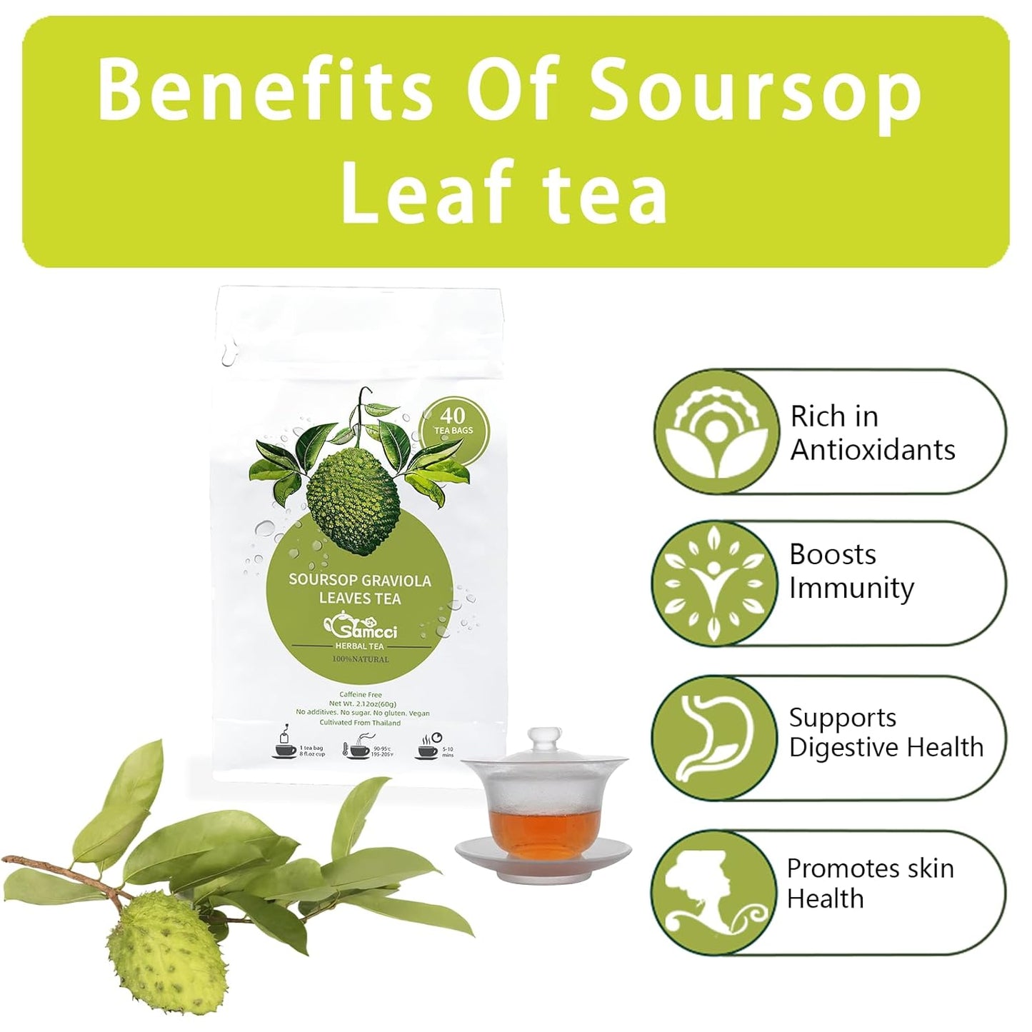 Samcci - Soursop Leaves Tea Bags, 40Teabags, 1.5g/bag, 100% Pure Sour Sop Graviola leaves Tea - Hojas De Guanabana Tea - Improve Digestion - Promotes Skin Health - Non-GMO - Caffeine-Free