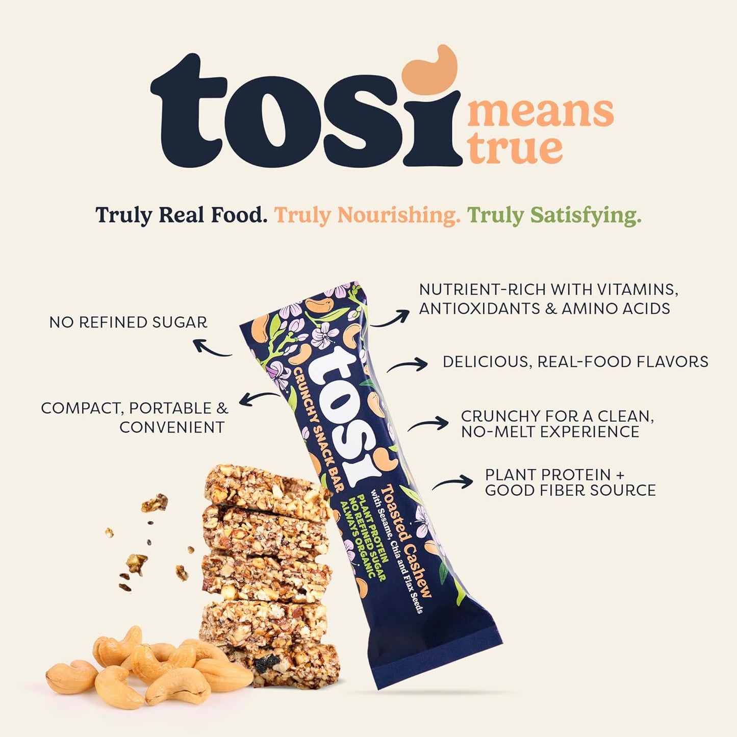 Tosi Cashew Protein Bars, Plant Based with Nuts, Gluten-Free Crunchy Snacks, Vegan, Organic, Flax & Chia Seeds, Soy-Free, Omega 3s, 5G Protein, 1 oz, 12-Pack