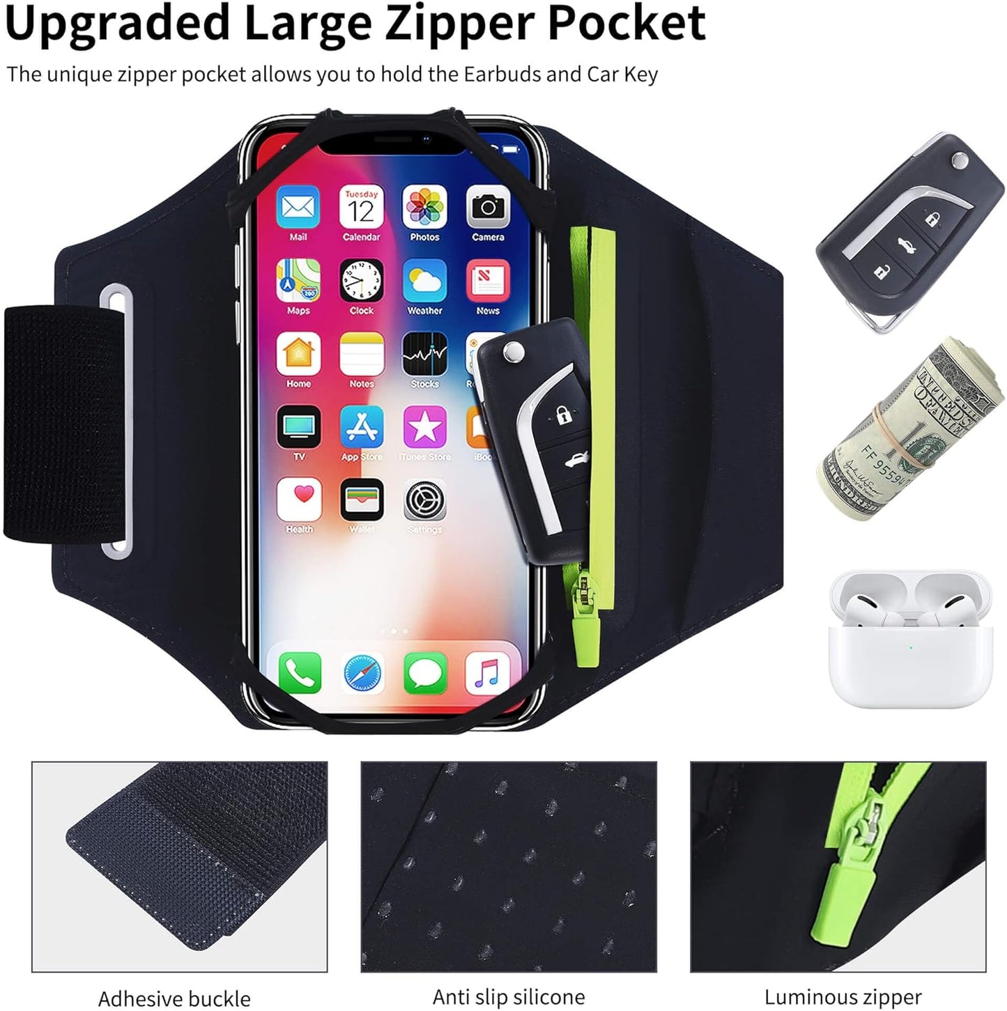 Detachable & 360° Rotatable Armband - Reflective Strap with Zipper Pocket Holder Bag - Compatible with iPhone 16 15 14 Pro Max Plus Samsung Galaxy Note for Running Workout Exercise Walking & Sports