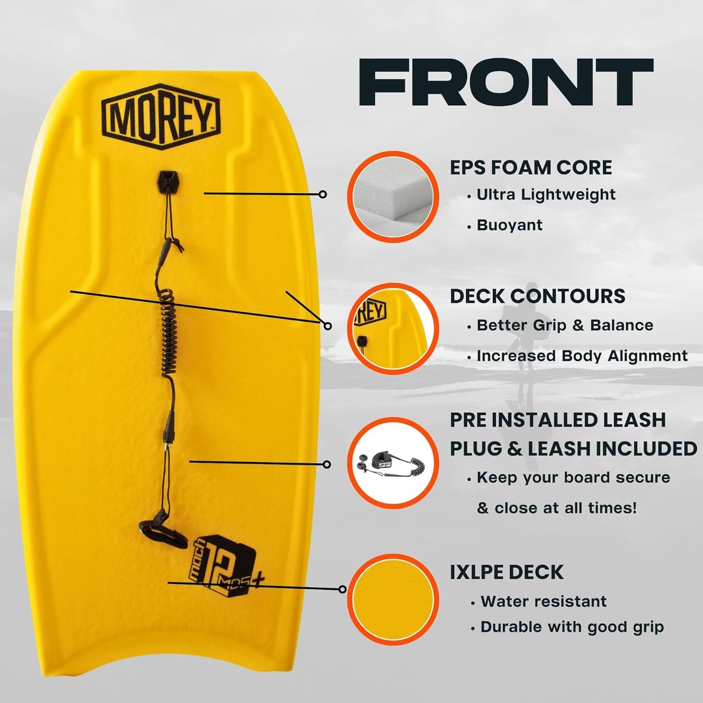 MOREY® Mach 12 MDS, 42.5" Bodyboard. Dynamic Speed Body Boards for Beach, for All Skill Levels, Embedded Fiberglass Stringer, with Coil Leash. Re-Engineered 2025 Model