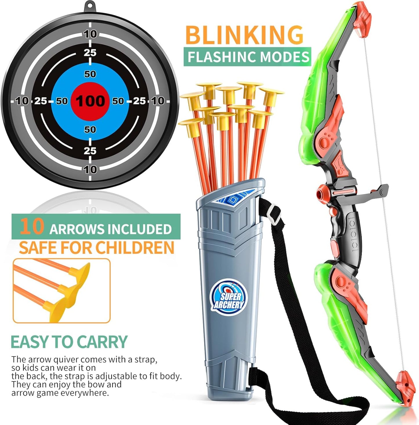 TEMI Bow and Arrow Set for Kids - Archery Toy Set - LED Light Up with Suction Cup Arrows, Target & Quiver, Indoor and Outdoor Toys for Children Boys Girls
