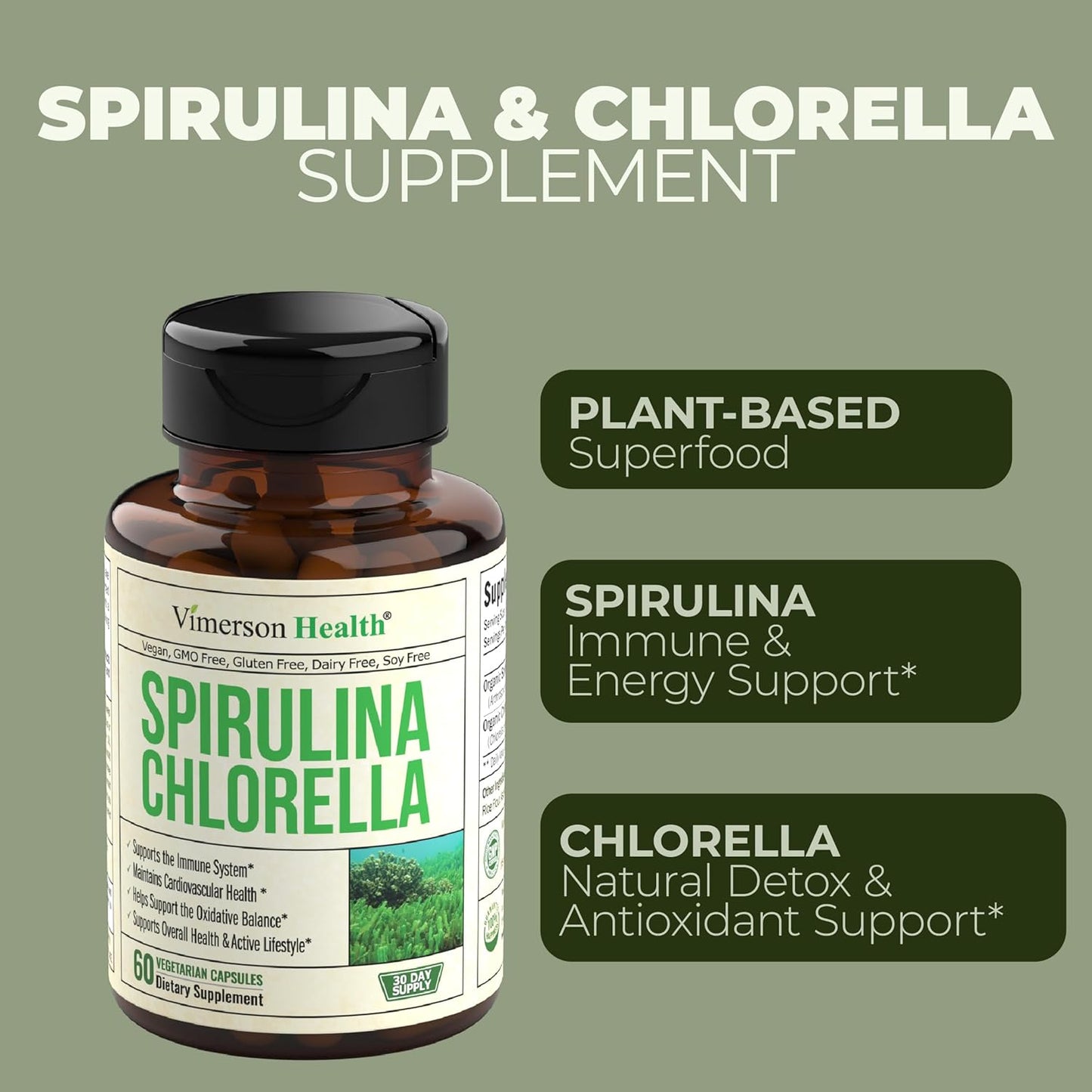Organic Spirulina and Chlorella Capsules - Spirulina Capsules with Chlorella Powder for Immune, Antioxidant & Energy Support. Nutritious Super Green. Vegan & Non-GMO. Third Party Tested. 60 Caps
