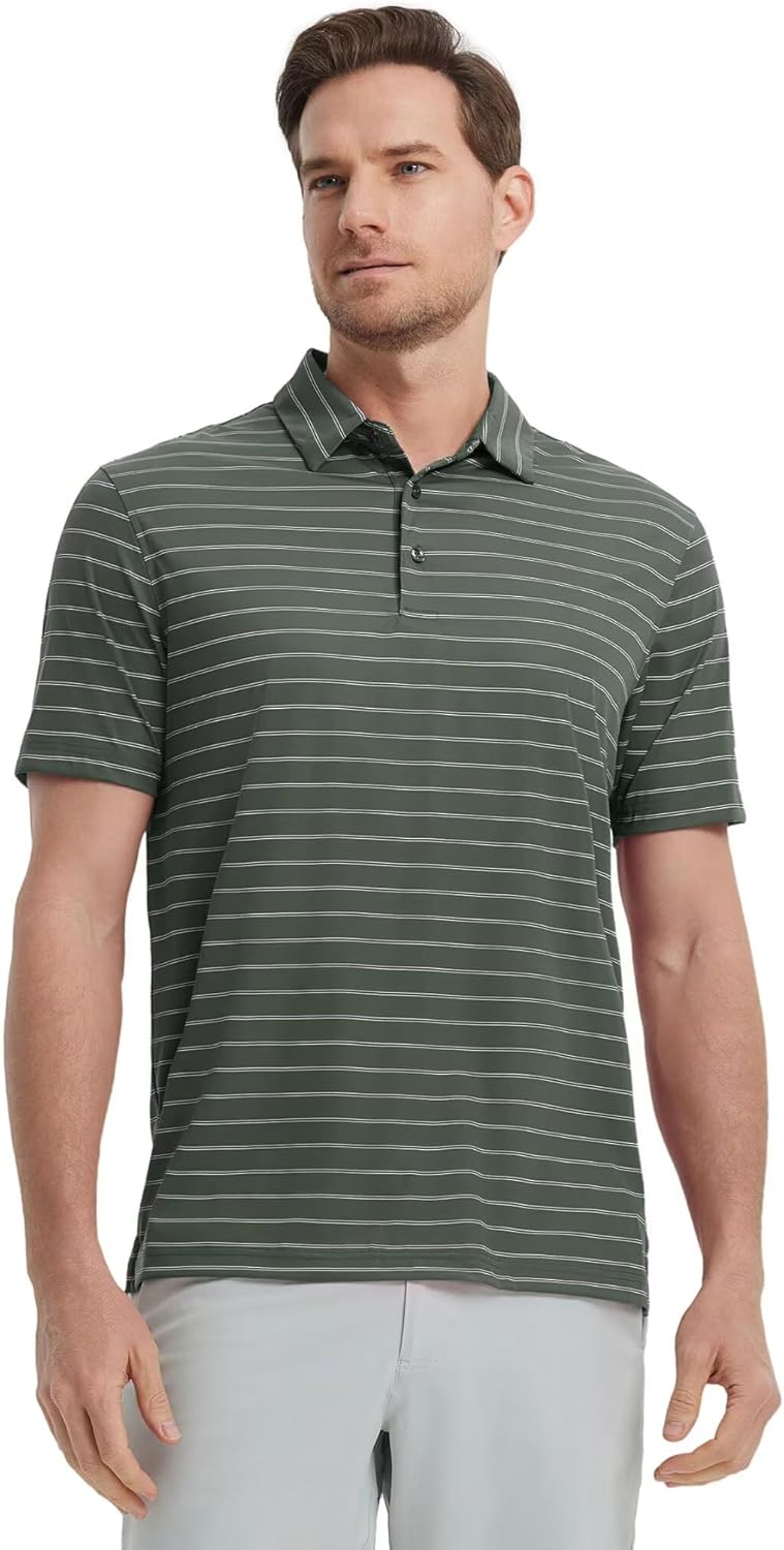 M MAELREG Mens Striped Golf Shirts Short Sleeve Silk-Like Touch Water-Resistant Breathable Soft Collared Polo Shirts for Men