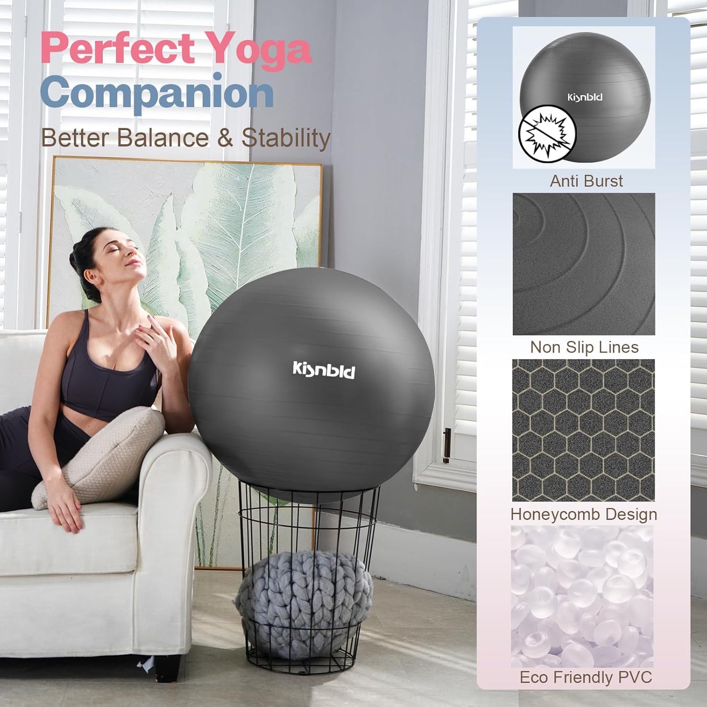 Exercise Ball, Extra Thick Yoga Ball for Workout Pregnancy Stability, 4 Sizes Anti-Burst Balance Ball with Foot Pump - Heavy Duty Fitness Ball Chair for Office, Home & Gym