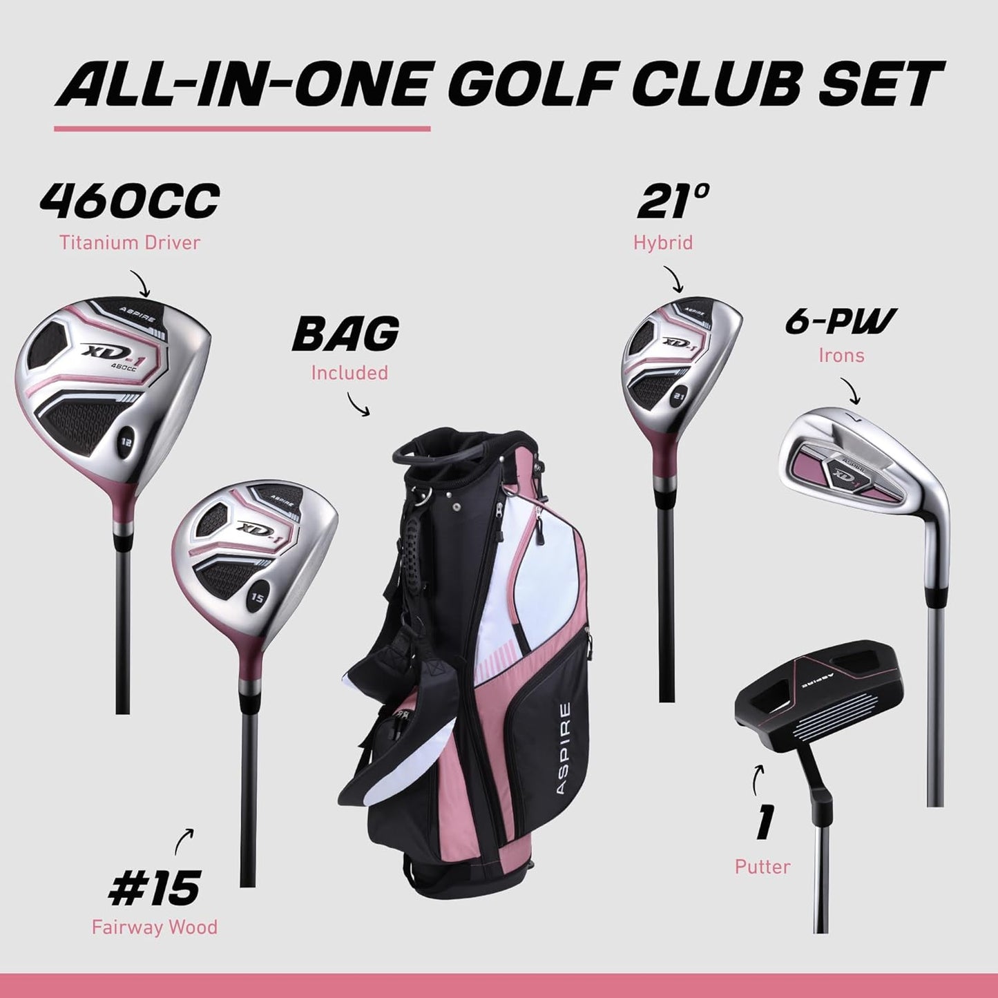 Aspire XD1 Womens Golf Clubs Full Set, Includes Driver, Fairway, Hybrid, 6-PW Irons, Putter, Stand Bag, 3 H/C's, Ultra-Light Graphite Shafts, Golf Clubs Women Right Handed, Comes in 3 Sizes, Pink