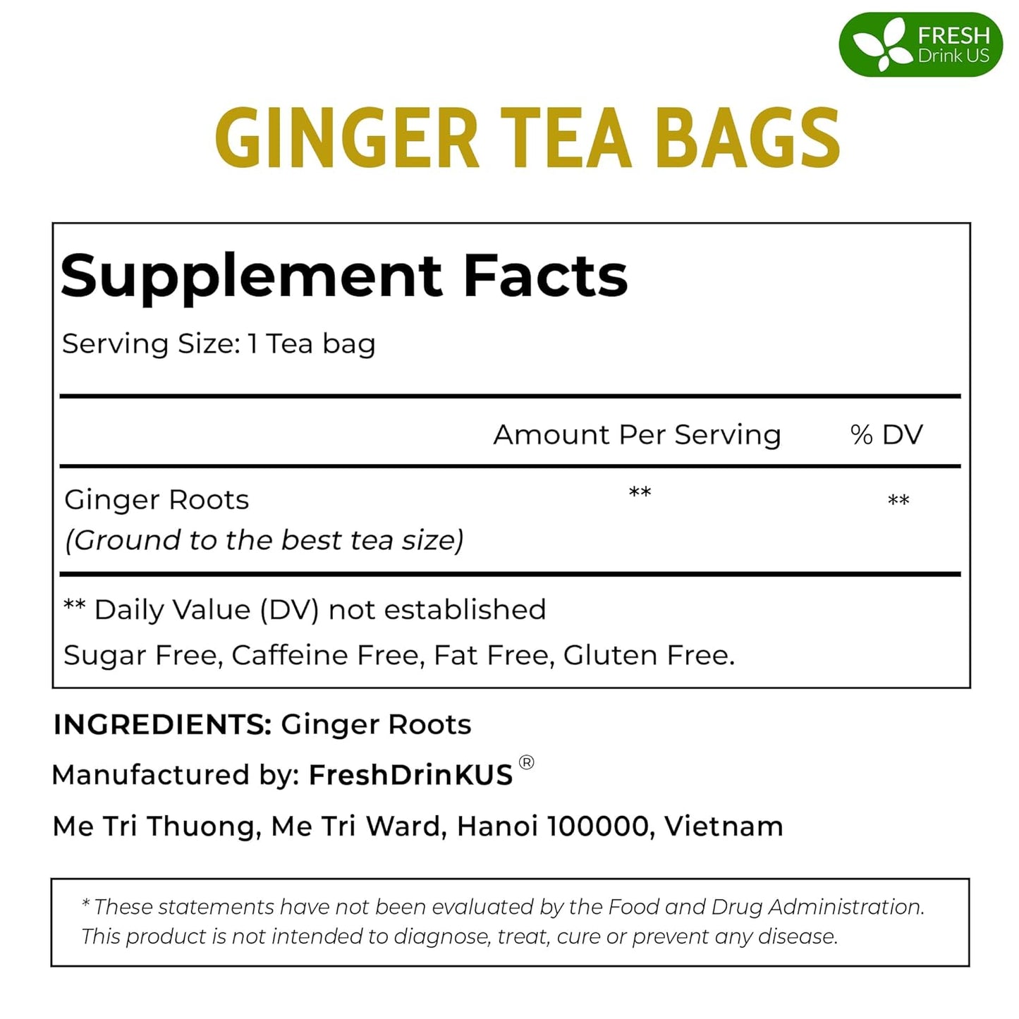 FreshDrinkUS, 150 Premium Ginger Tea Bags, Non GMO, 100% Natural & Pure from Ginger Root, Root Herbal Tea. No Sugar, No Caffeine, No Gluten, Vegan. Support Stronger Digestion, Pleasantly Spicy & Warming