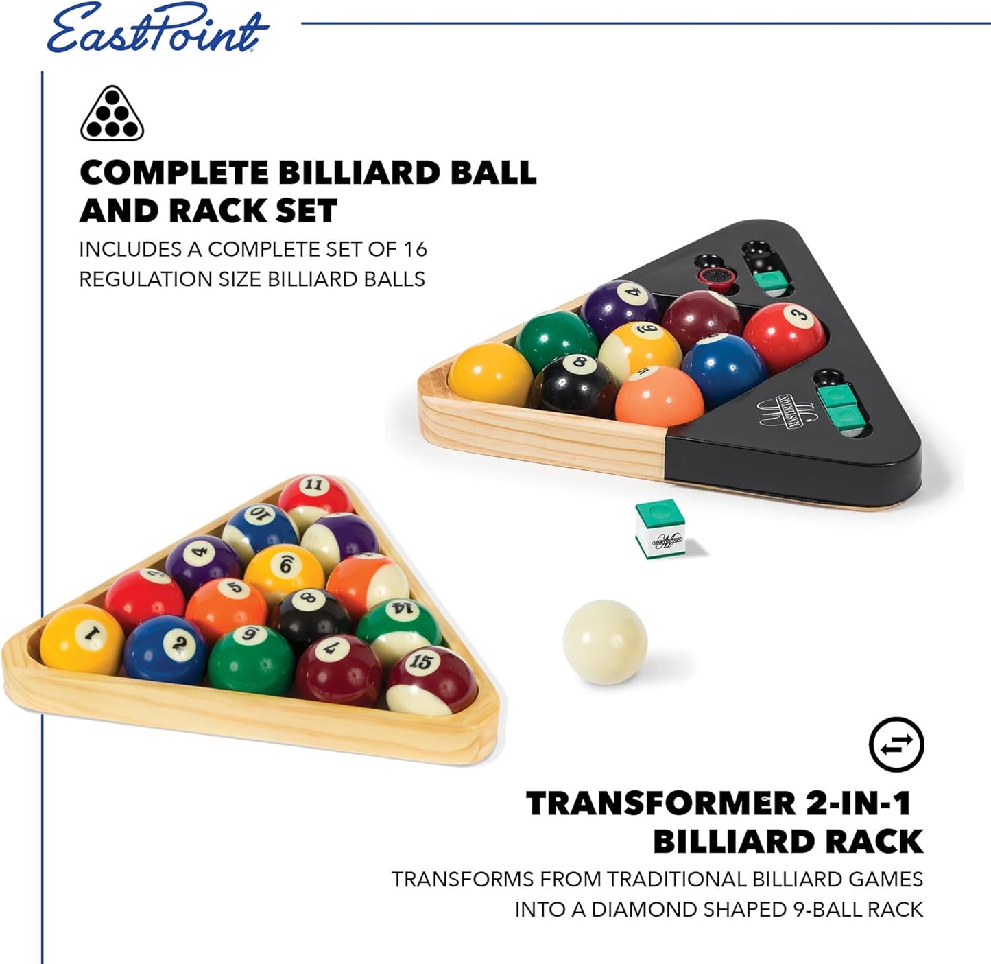 EastPoint Sports Masterton Billiard Ball Set - Full Set Tournament Spec Resin Billiard Balls - Wooden 8-Ball Rack with 9 Ball Insert - Includes Chalk and Scuffer