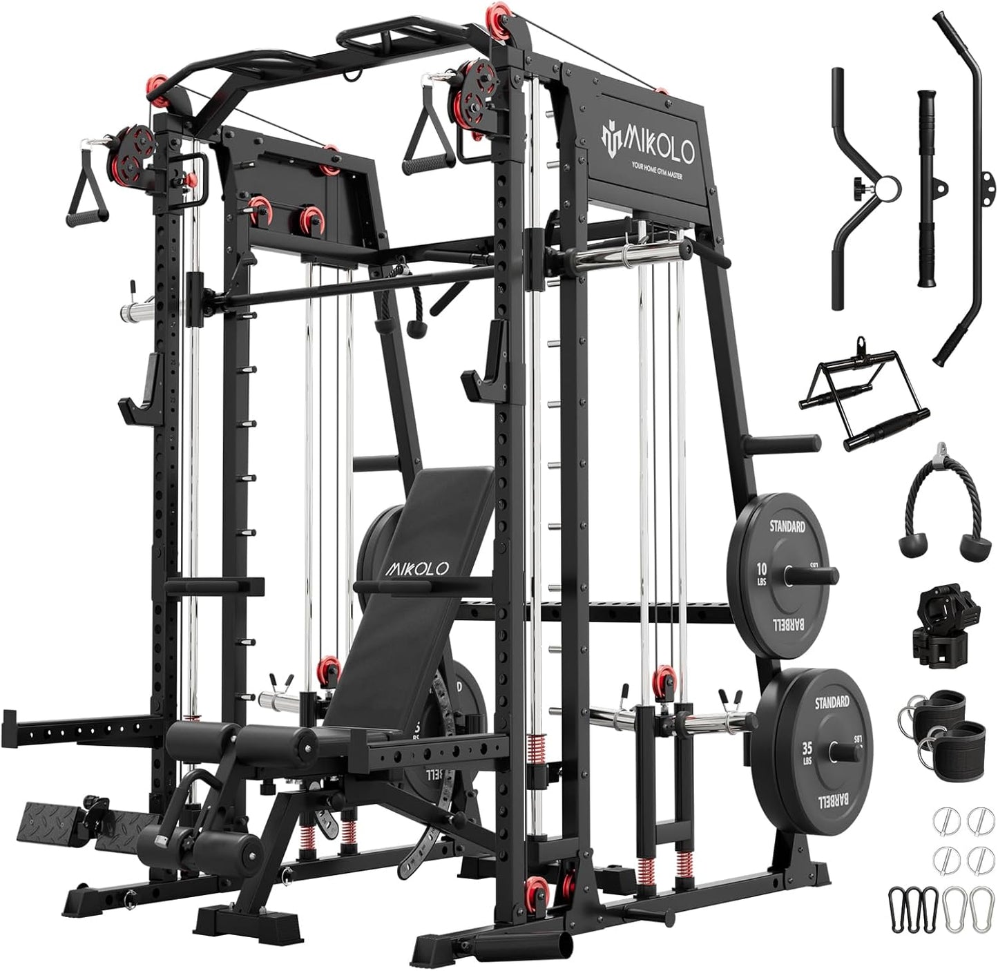 Mikolo Smith Machine, 2200lbs Squat Rack with LAT-Pull Down System & Cable Crossover Machine, Training Equipment with Leg Hold-Down Attachment