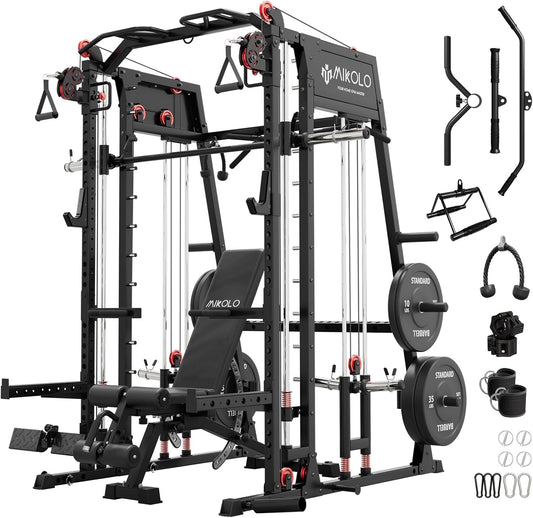 Mikolo Smith Machine, 2200lbs Squat Rack with LAT-Pull Down System & Cable Crossover Machine, Training Equipment with Leg Hold-Down Attachment