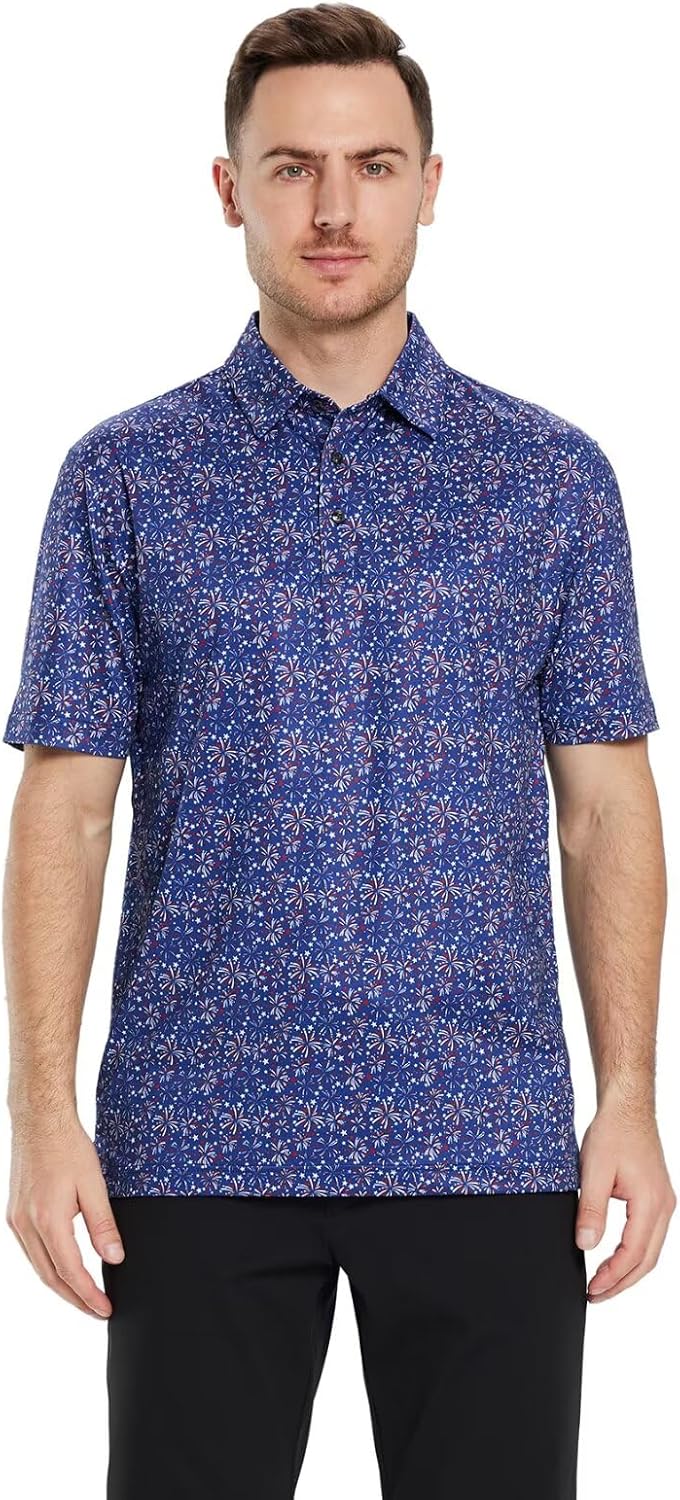 Men's Golf Polo Shirts Short Sleeve Striped Performance Moisture Wicking Dry Fit Golf Shirts for Men