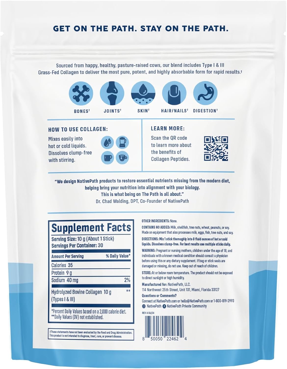 NativePath Collagen Peptides Protein Stick Packs - Hydrolyzed Type 1 & 3 Collagen Powder for Skin, Hair, Nails - 30 Servings