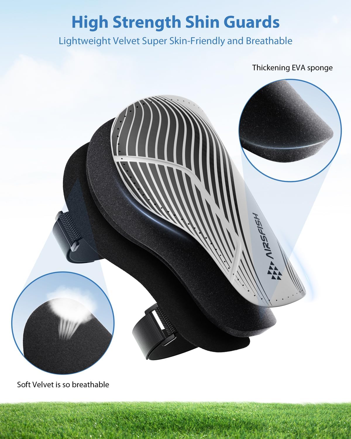 Shin Guards Soccer Kids Youth, CE Certified Airsfish Shin Guard Protection Gear for 2-18 Years Old Boys Girls Teenagers High Impact Resistant Breathable Comfortable 1 Pair 4 Sizes