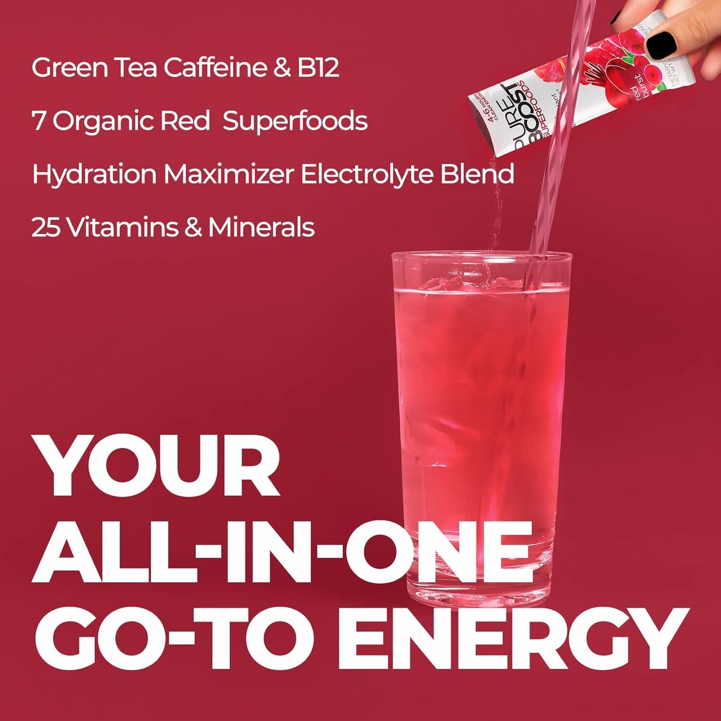 Pureboost Superfoods Clean Energy Booster, Refreshing Energy Drink Mix with 7 Organic Red Superfoods; Beet, Hibiscus, Pomegranate and Vitamins. Sugar-Free, No Sucralose (Red Burst, 30 Count)