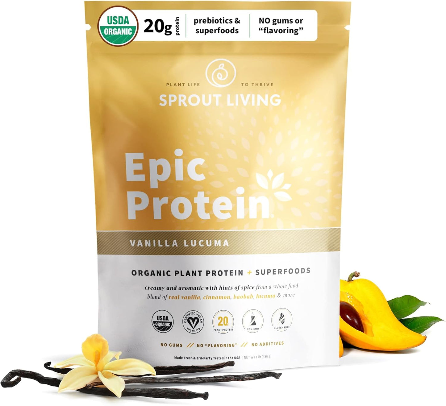 Sprout Living Epic Protein, Plant Based Protein & Superfoods Powder, Vanilla Lucuma Powder | 20 Grams Organic Protein Powder, Vegan, Non Dairy, Non-GMO, Gluten Free, Low Sugar (1 Pound, 12 Servings)