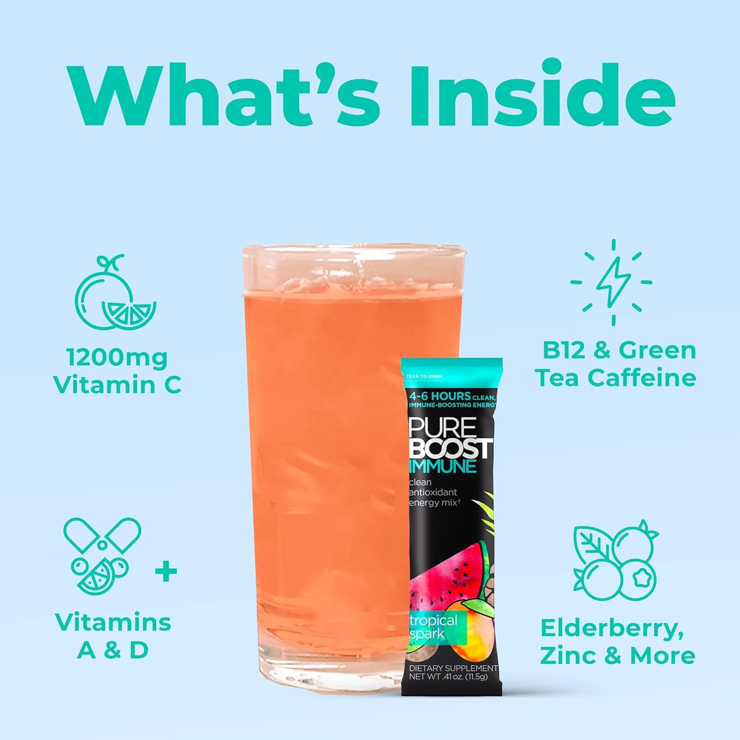 Pureboost Immune Clean Energy Booster, Refreshing Energy Drink Mix and Immunity Supplement with Elderberry, 1,200 mg Vitamin C, Vitamins A + D, and Zinc. (Tropical Spark, 30 Count)