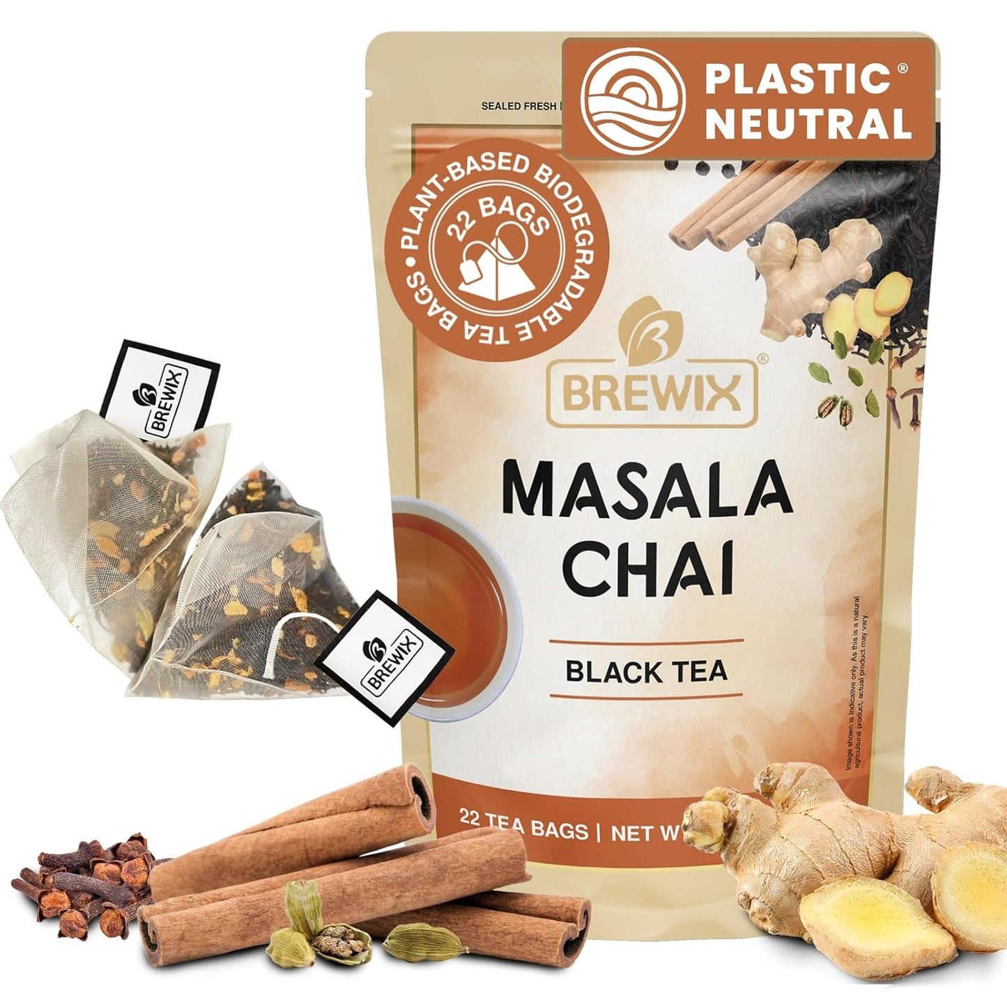 BREWIX, Masala Chai Tea Bags (22 Pyramid Tea Bags) Strong, Robust & Spicy - Pure Ingredients | Black Tea, Cinnamon, Ginger, Black Pepper, Cardamom & Cloves, Packed in Resealable Ziplock Pouch