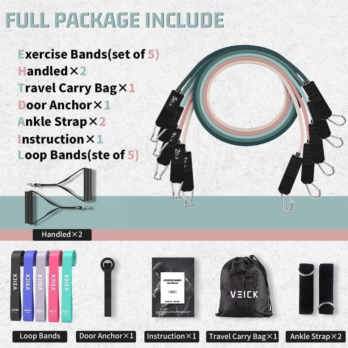 VEICK Resistance Bands, Exercise Bands, Workout Bands, Resistance Bands for Working Out with Handles for Men and Women, Exercising Bands for Fitness Weights Work Out at Home