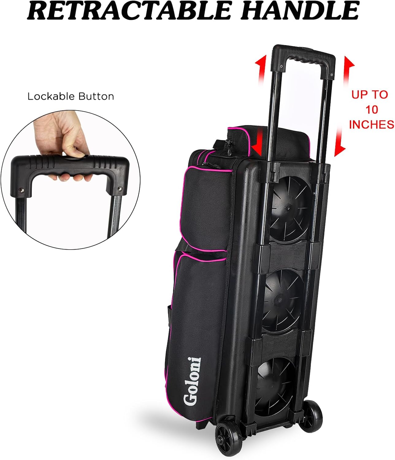 Goloni 3 Ball Bowling Bags with Wheels - Rolling Bowling Bag for 3 Balls & Accessories - Retractable Handle Extends to 38