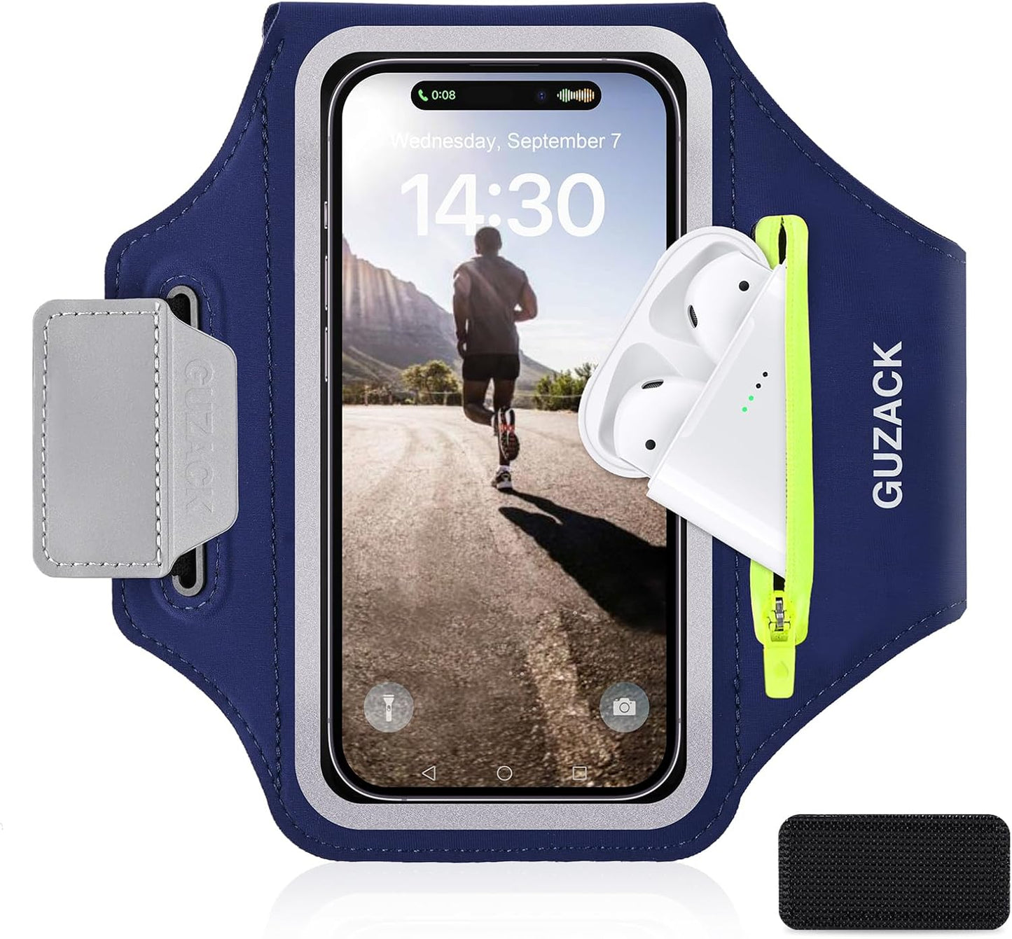 GUZACK Running Armband, Running Phone Holder with Key Pockets & Card Slot for iPhone 15 14 13 12 11 Pro Max Plus, Galaxy S24 S23/S22/S21 Fit Up to 6.9 Inches, Navy Blue Green Zipper