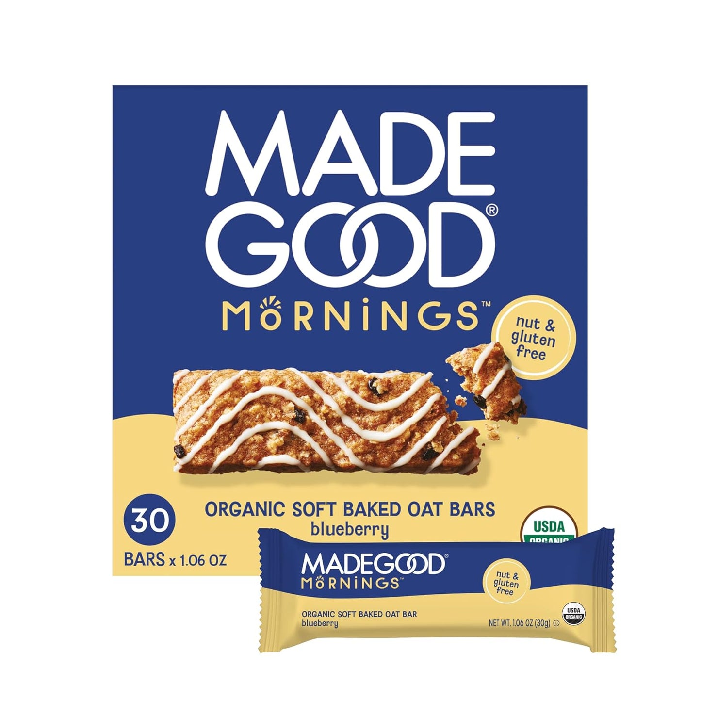 MadeGood Mornings Soft Baked Breakfast Bars, Blueberry, 1.06 Oz (30 Count) Gluten Free Snacks