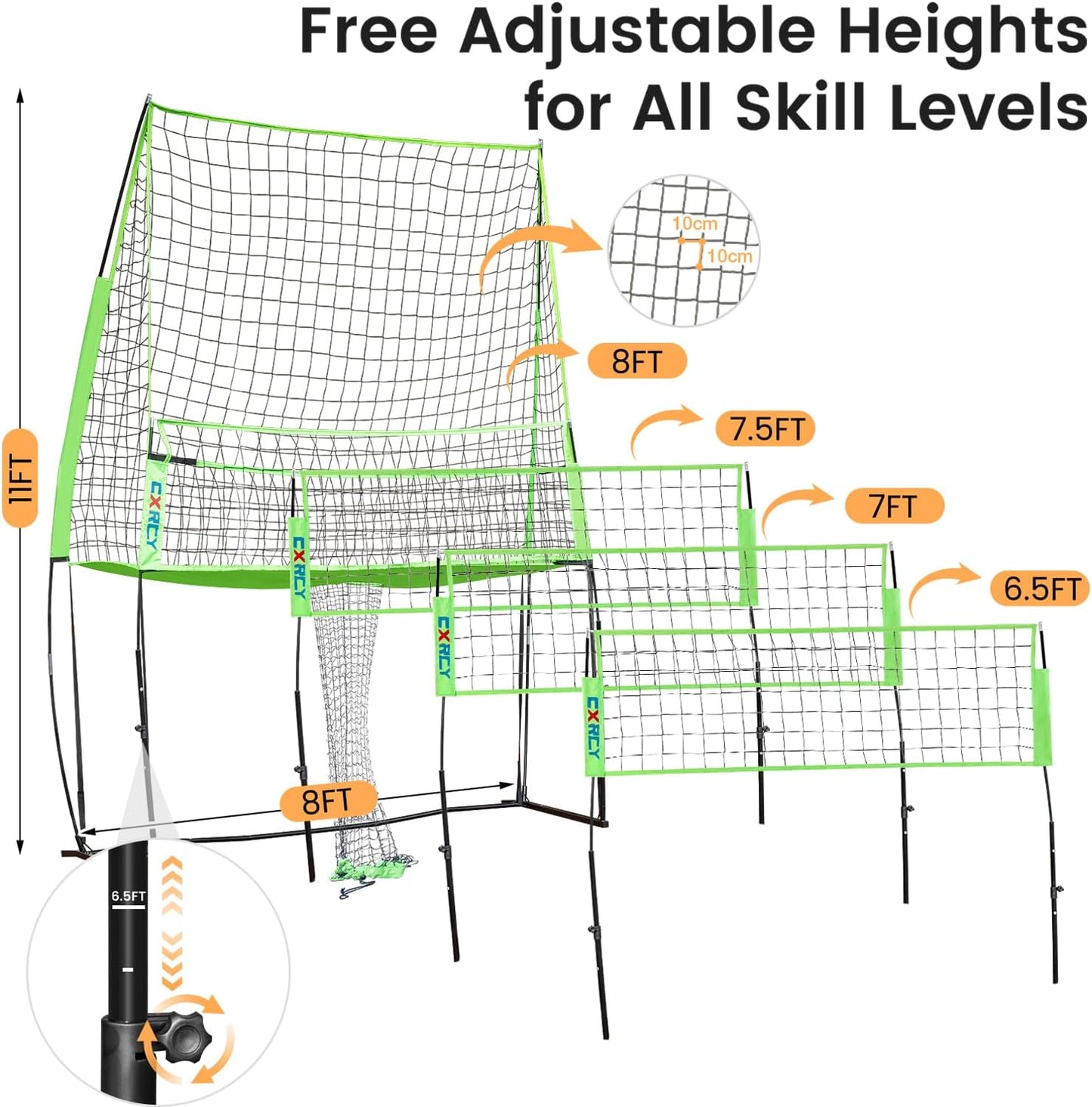 CXRCY Volleyball Training Net System, 11x 8 FT Volleyball Practice Net Station with Adjustable Height Freely, Portable &Easy Setup for Backyard Individual &Team Practice-Include Oxford Cloth Bag