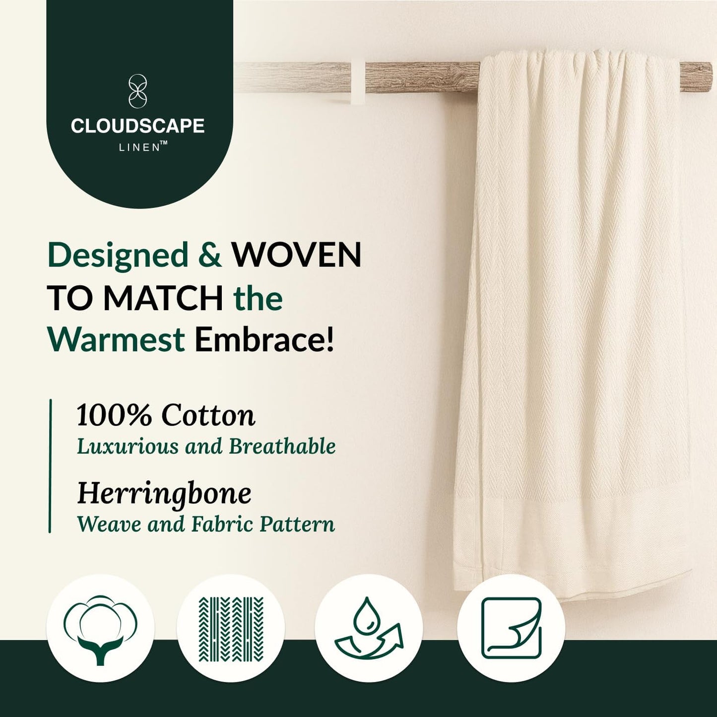 Cloud Scape Linen Herringbone Cotton Throw Blanket for Couch, Bed,Sofa, Home Decor, Soft, Lightweight, All-Season Bed Blanket, 50 x 70, Ivory