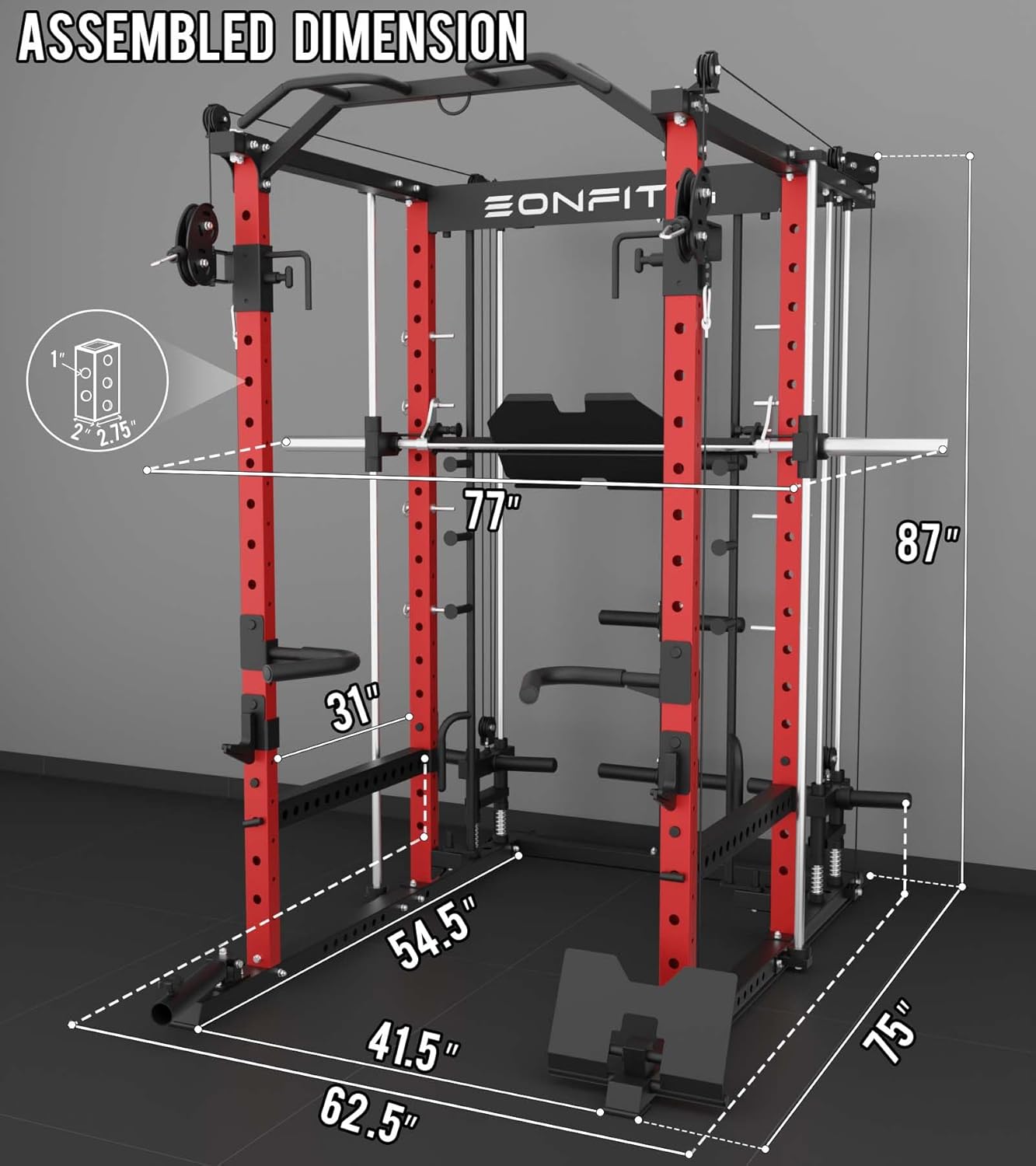 Eonfit E5 Smith Machine with Vertical Leg Press, Power Cage Squat Rack with LAT-Pull Down Cable Crossover Rotating Arms System Home Gym Equipment All in One (E5 RED)