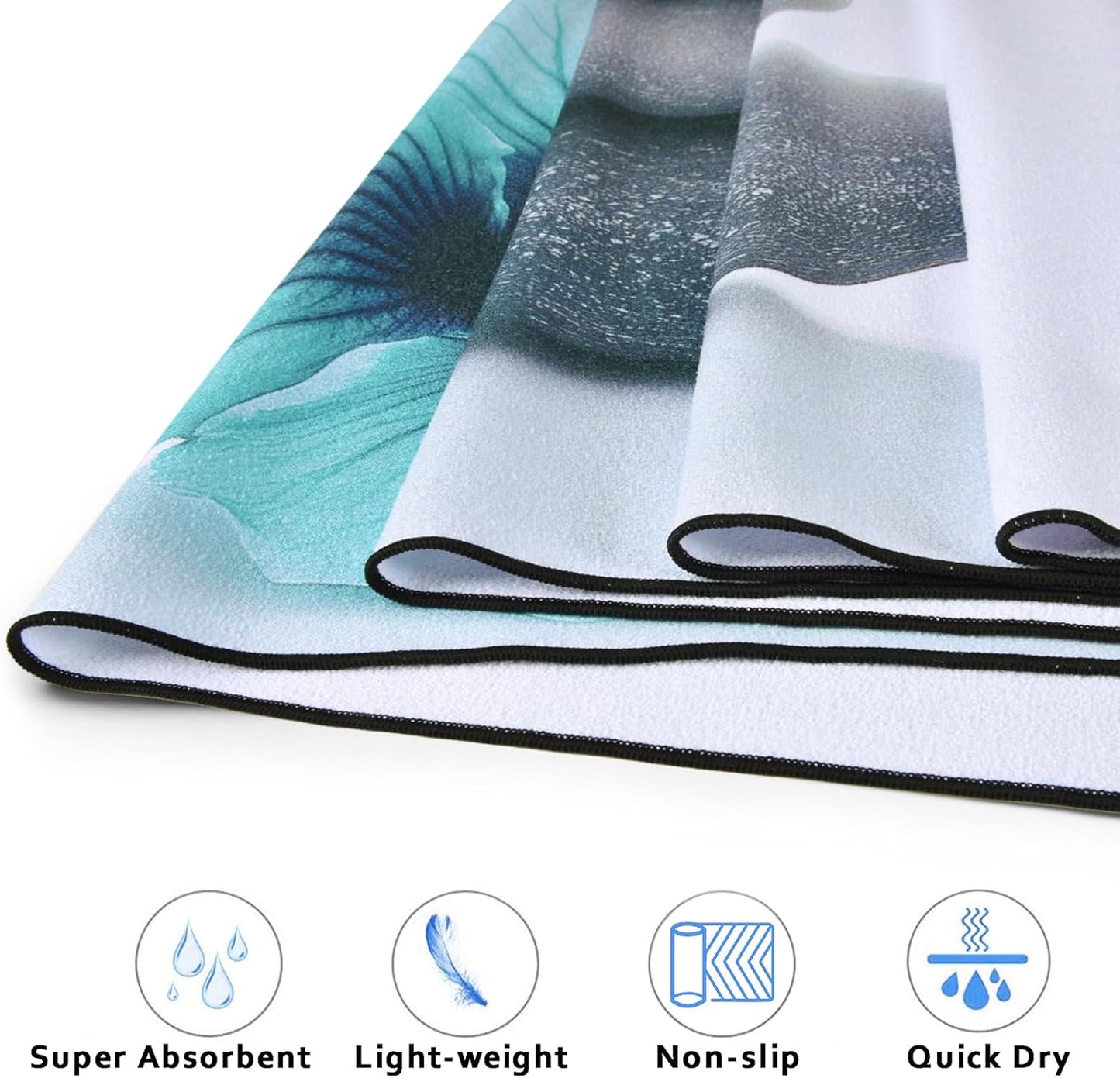 QiyI Yoga Towel with Travel Bag, Microfiber Mat-Sized Hot Yoga Towels, Non Slip Blanket with Corner Pockets, Quick Dry Mat Towel for Bikram, Pilates, Fitness - 70"x26", Pebbles & Blue White Flowers