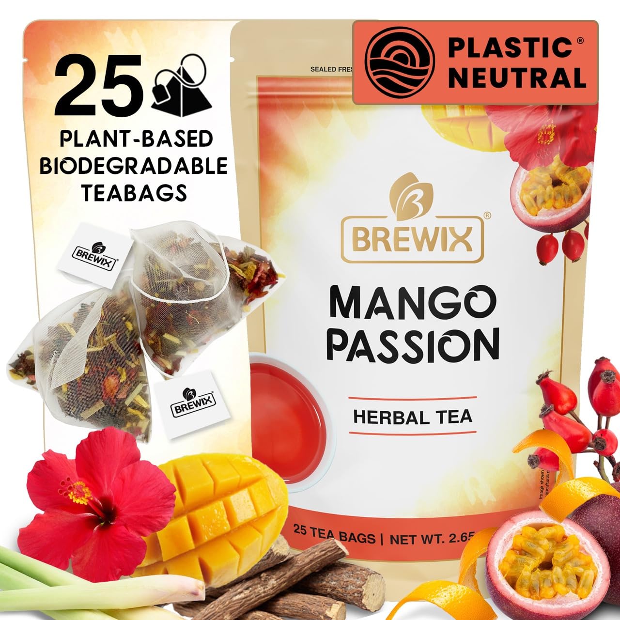 BREWIX, Mango Passion Fruit Herbal Tea Bags – 25 Plant-Based Pyramid Bags | Iced or Hot | Hibiscus, Citrus Peel, Lemongrass | Caffeine-Free & Naturally Uplifting Wellness Brew