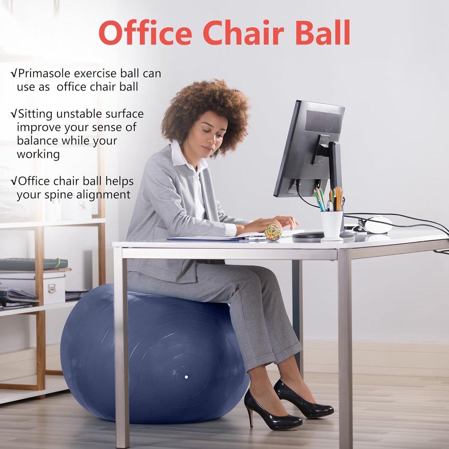 Exercise Ball for Balance Stability Fitness Workout Yoga Pilates at Home Office & Gym Birthing Ball for Pregnancy, Office Ball Chair