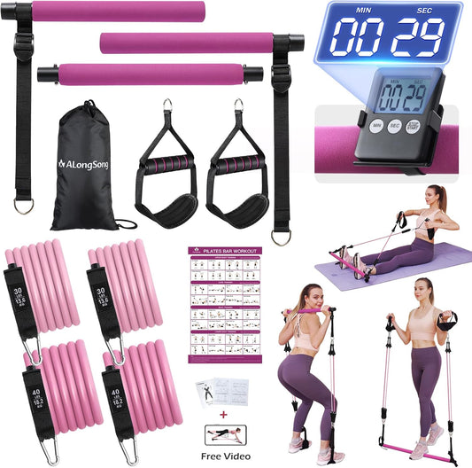 Upgraded Pilates Bar Kit with Resistance Bands Natural Latex for Women & Men, Heavy-Duty Stainless Steel Multifunctional Yoga Pilates Stick for Home Gym Exercise Fitness Equipment Full-Body Workouts