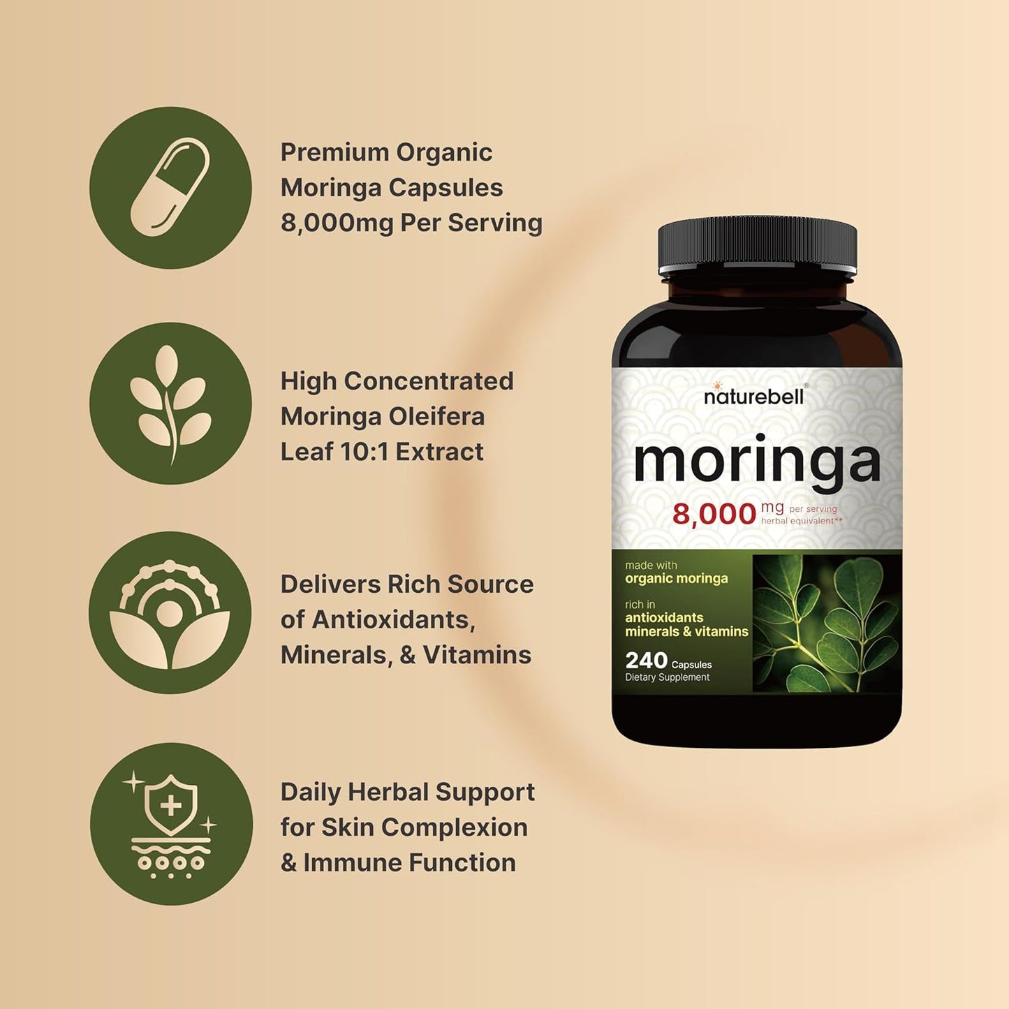 NatureBell Pure Moringa Capsules 8000mg Per Serving - Made with Moringa Powder Organic, 240 Capsules | Green Superfood, Skin Health & Immune Support | Non-GMO, Gluten Free, 4 Month Supply