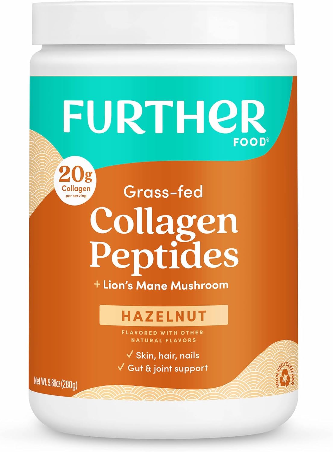 Further Food Hazelnut Collagen Peptides Powder with Lion’s Mane Mushroom, Grass-Fed Hydrolyzed Type 1 & 3 Protein, Gut Health + Joint, Hair, Skin, Nails, Paleo Keto Sugar-Free 9.88 oz