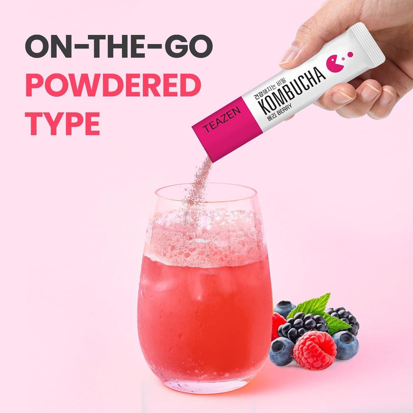 TEAZEN Berry Kombucha Tea, Hydration Drink Mix, Sugar Free, Live Probiotics & Prebiotics, 30 Sticks, 5.29oz