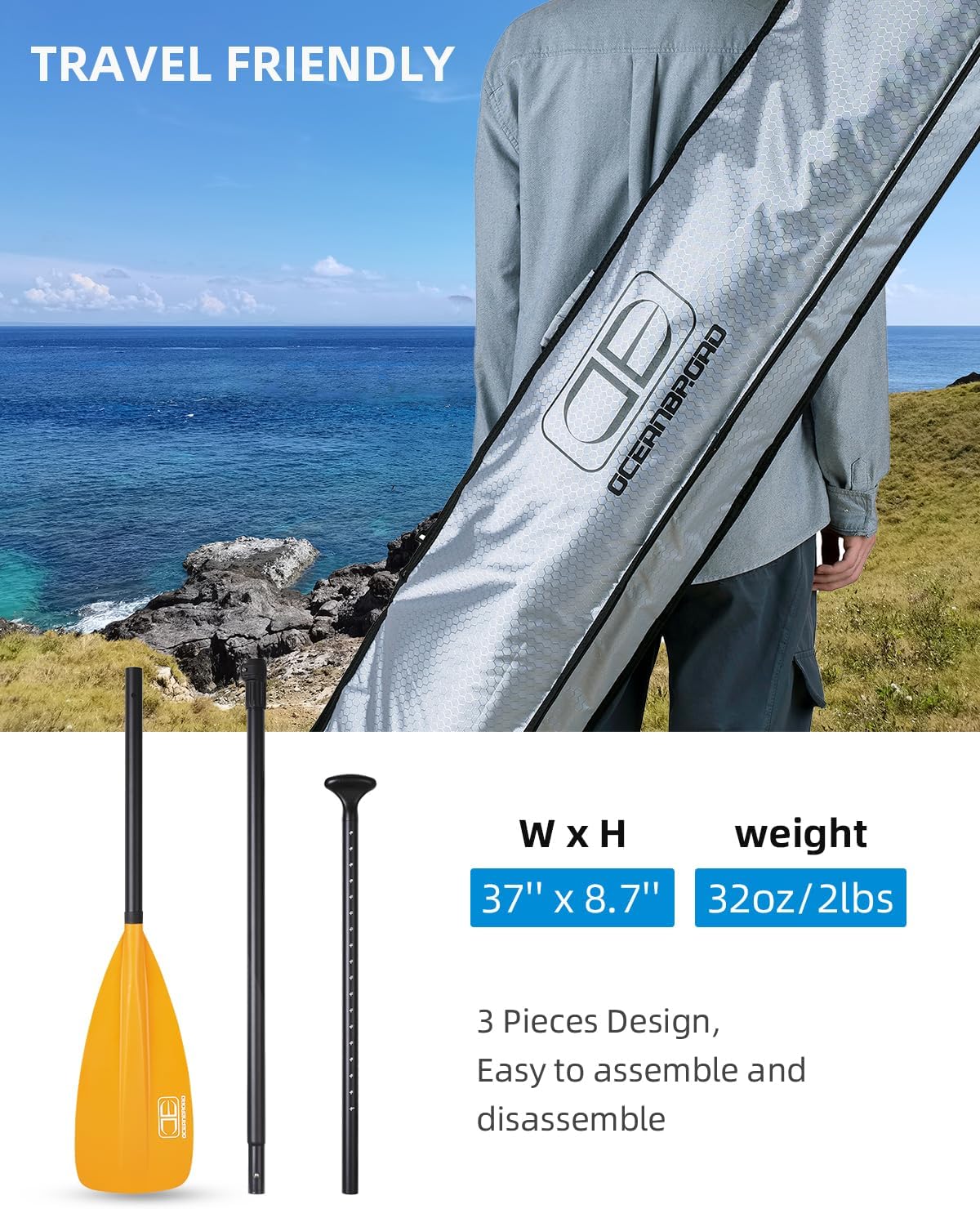 OCEANBROAD SUP Paddle - Adjustable Stand-Up Paddle for Paddleboard Kayak, Adjustable Aluminum Alloy Shaft with Reinforced Nylon Blades