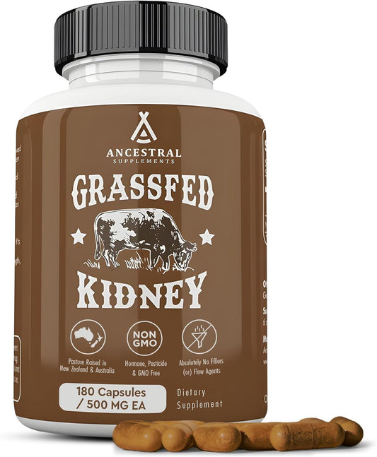 Ancestral Supplements Grass Fed Beef Kidney Supplement, 3000mg, DAO Enzyme Supplement, Kidney Support for Urinary and Histamine Health, Selenium, B12, Non GMO, 180 Capsules
