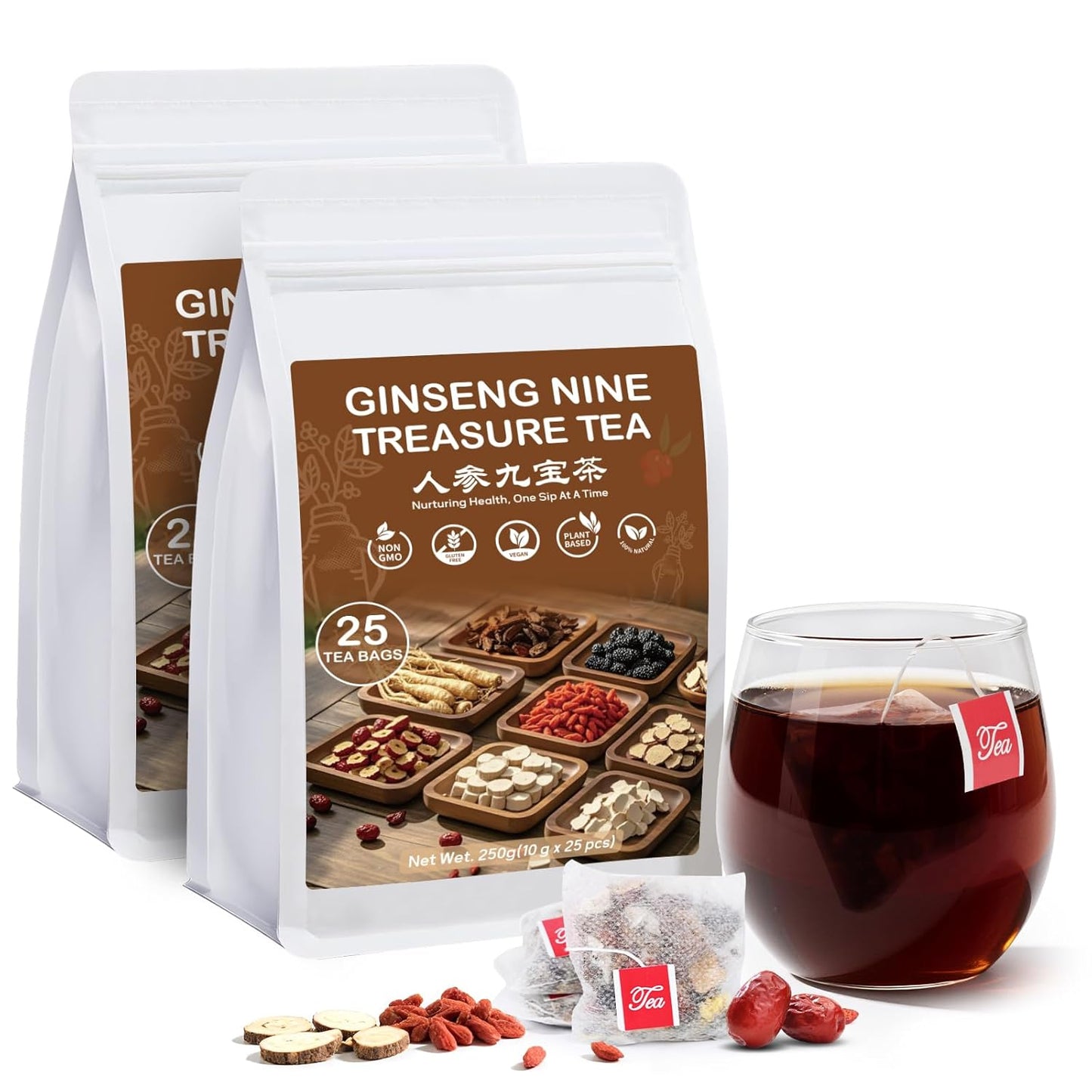 Kidney Tea Formula Ginseng Nine Treasure Tea, Natural Kidney Cleanse Detox & Repair Ginseng & Mulberry Herbal Teabags for Men & Women, 9 Precious Ingredients Formula (2 Pack/50 Bags)
