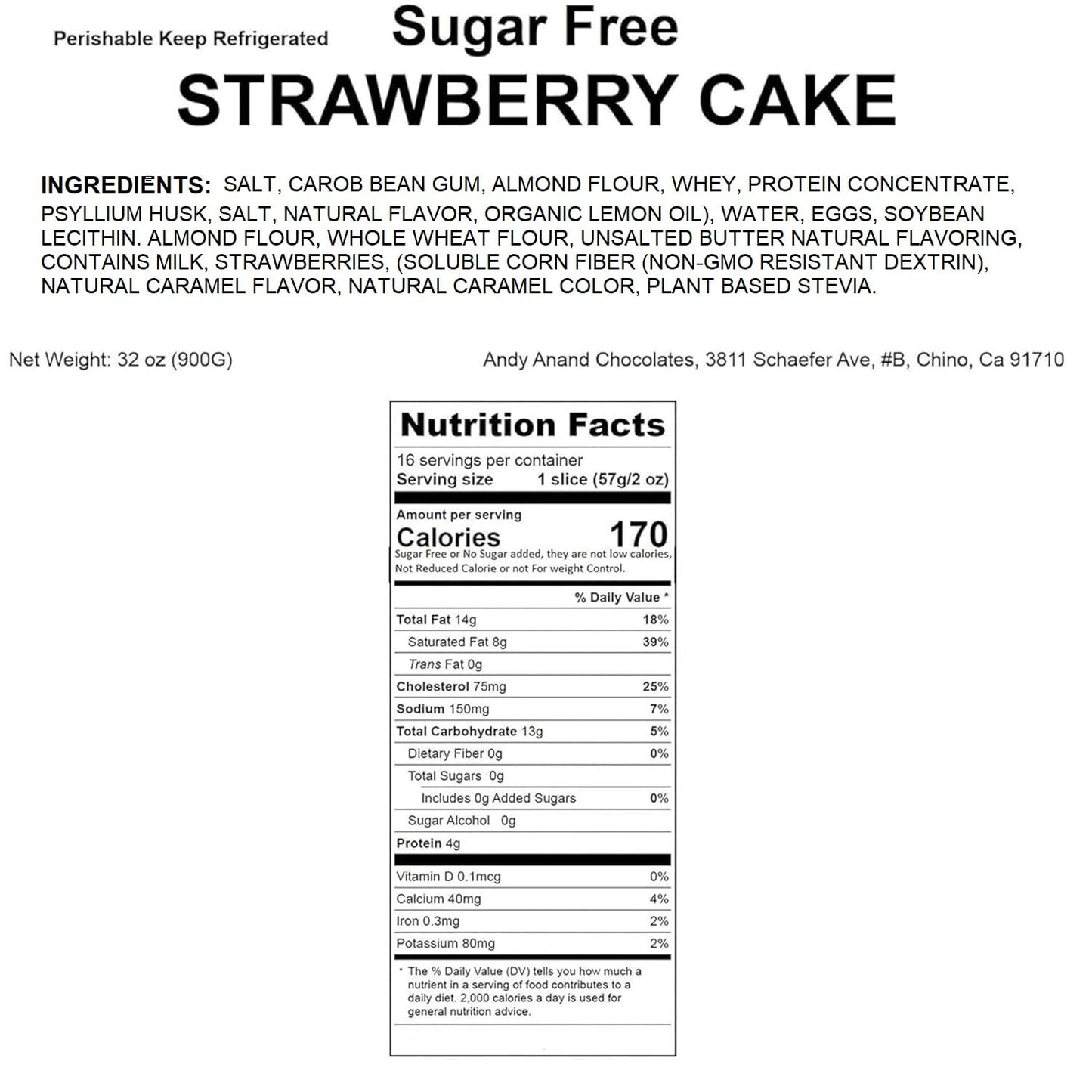 Andy Anand Sugar-Free Strawberry Cake 2 lbs - Gourmet, Freshly Made, All-Natural Ingredients, No Preservatives, Diabetic-Friendly Gift Boxed Dessert