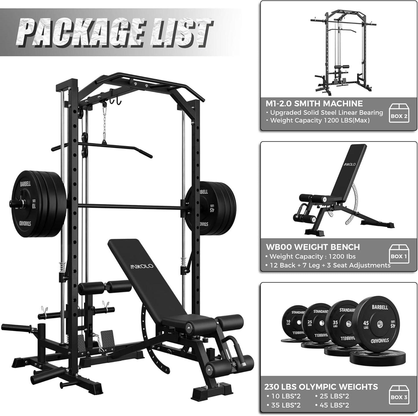 Mikolo Smith Machine Home Gym Power Cage (1:1 Ratio Strength Trainer) (Space Saving Design) (with 8 Free Attachments) Squat Rack for Full Body Training