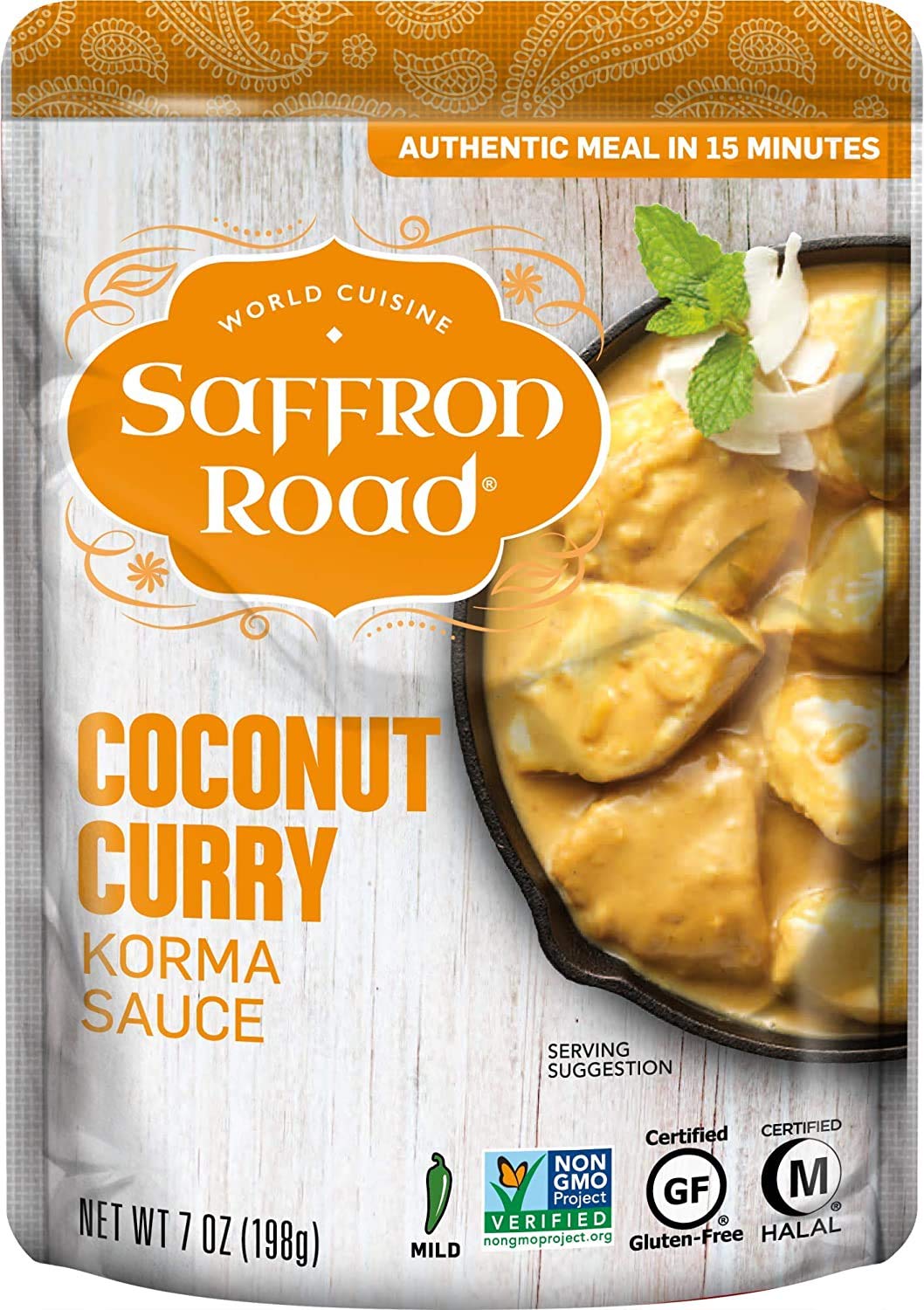 Saffron Road Coconut Curry Simmer Sauce | Globally Inspired Simmer Sauce | Gluten-free, Vegetarian, Non-GMO, and Certified Halal and Kosher | 7.0oz Pouch | Pack of 8