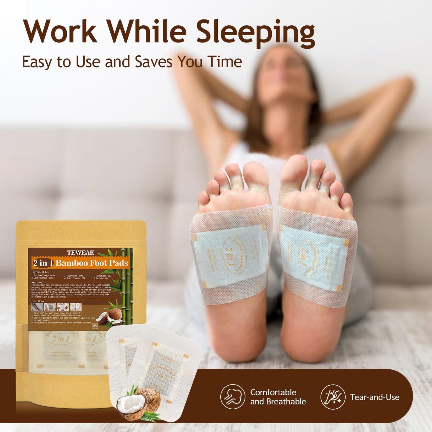 2 in 1 Foot Pads, 24Pads Bamboo Vinegar Coconut Shell Powder Feet Pads with ''Stay in Place'' Bigger Adhesive Sheet